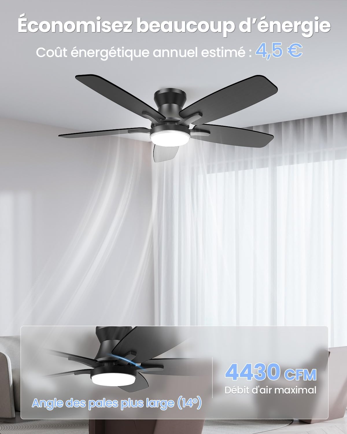 Airwit - Ventilateur de plafond double face 106cm, LED, télécommande, moteur DC réversible, silencieux
