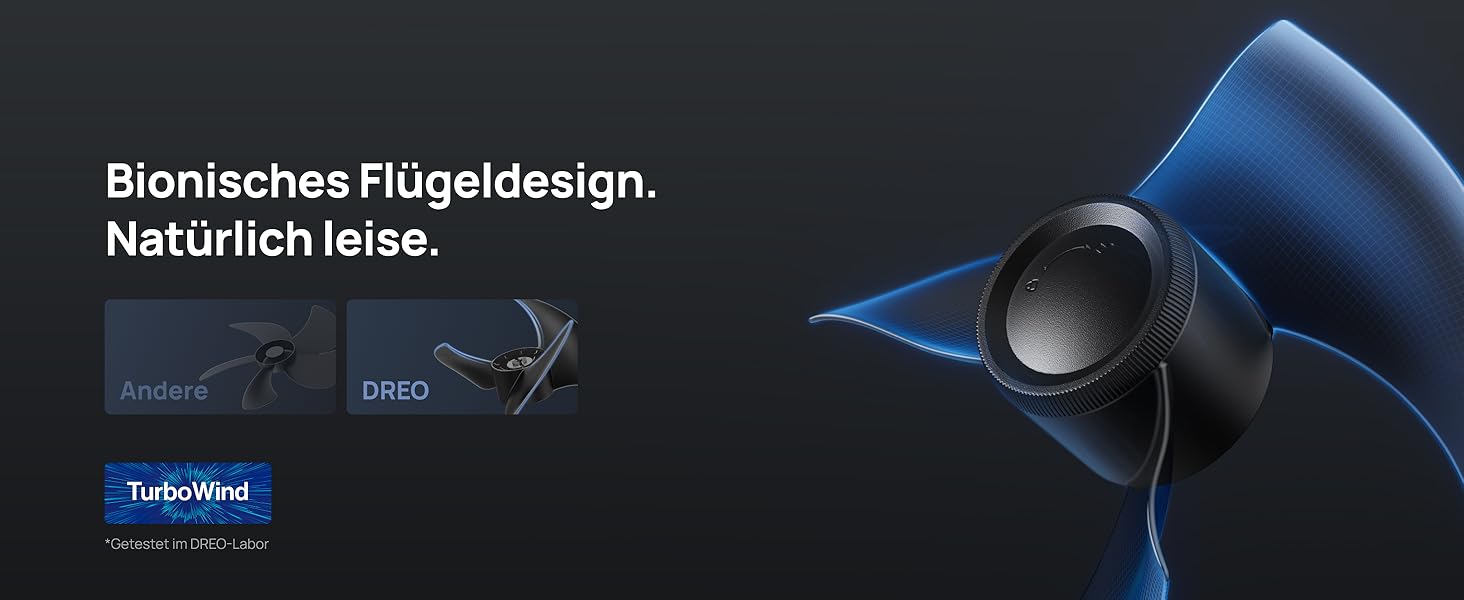 Le texte indique « Bionisches Flügeldesign » et « Natürlich leise ». Rendu technique bleu du produit avec des éléments de design incurvés en forme d'aile.