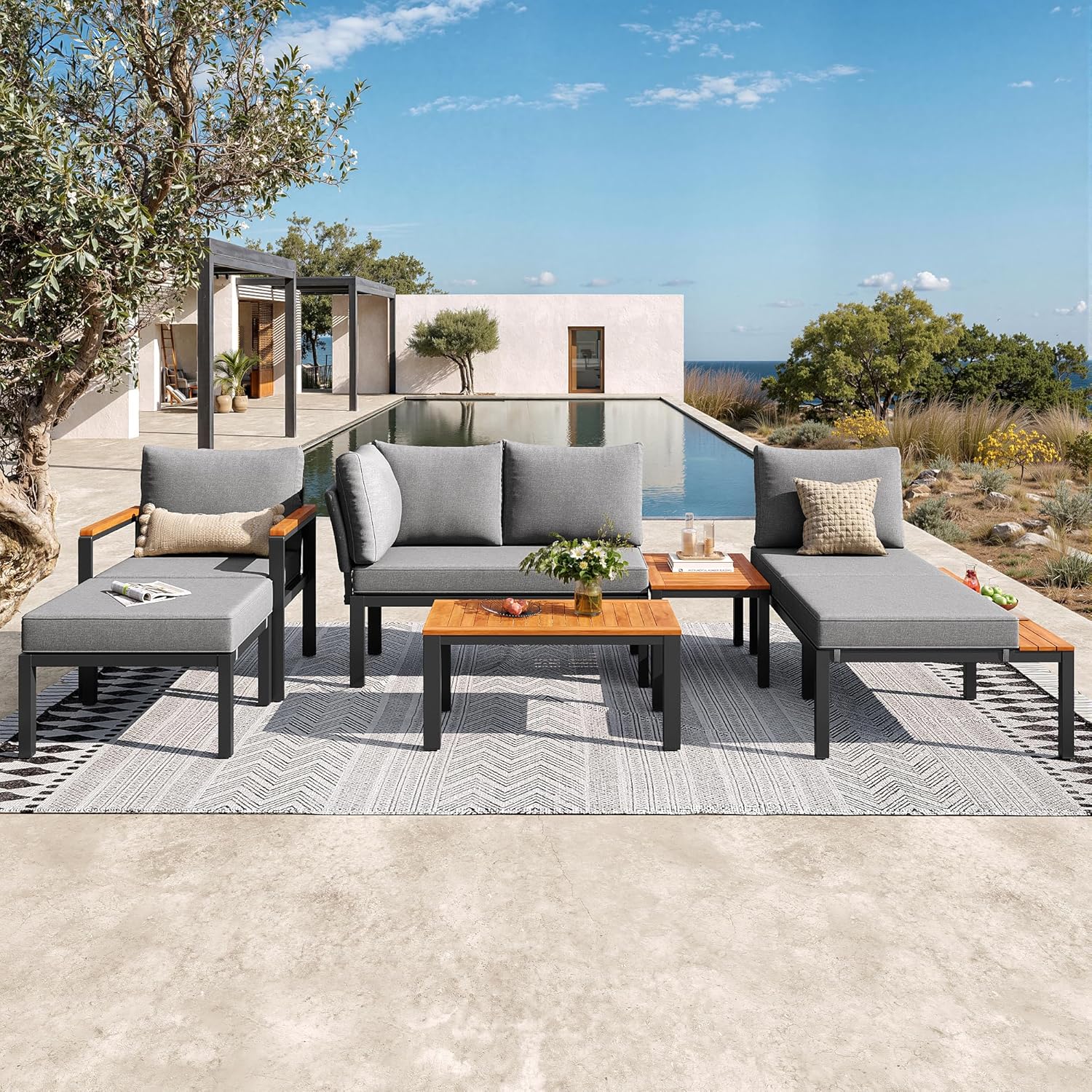 Sapgaks - salon de jardin 6 pers. - métal, coussins, 2 tables, gris