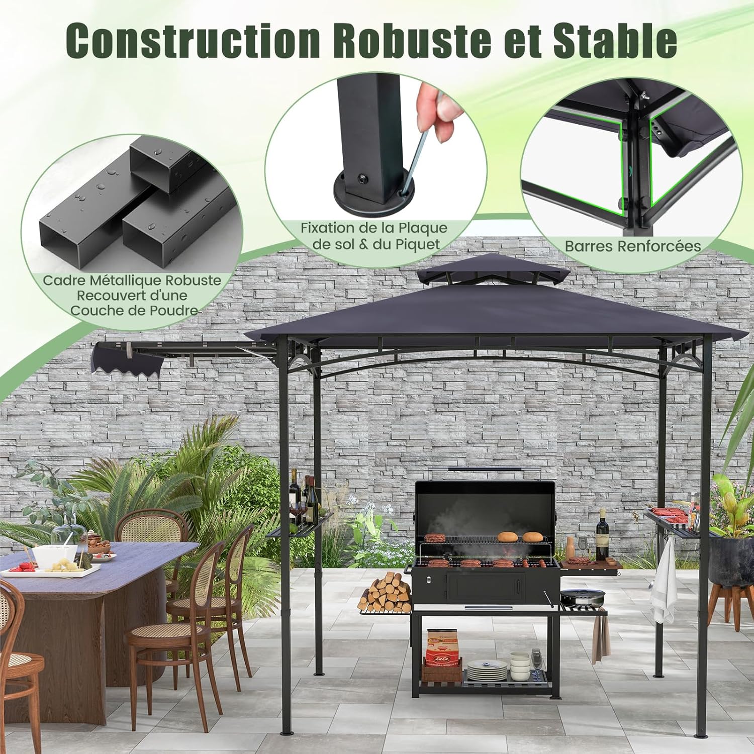 GOPLUS Tonnelle pour Barbecue avec Auvent Latéral, Abri Barbecue Extérieur avec Dessus à 2 Niveaux, Crochets, Décapsuleur, Dessus Souple, pour Jardin, Cour (242+84x126x250CM|Gris Foncé)