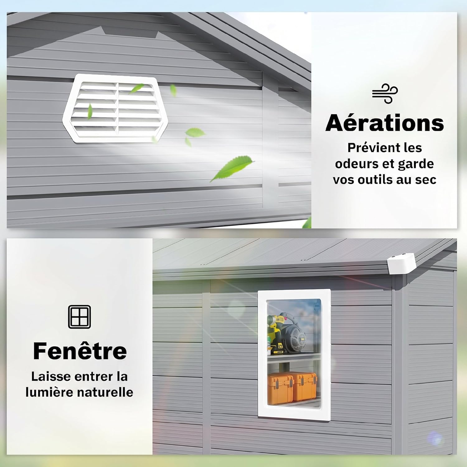 Outsunny - abri de jardin résine 240x190x228cm - 4,6m², fondation alu, portes loquet, 3 fenêtres