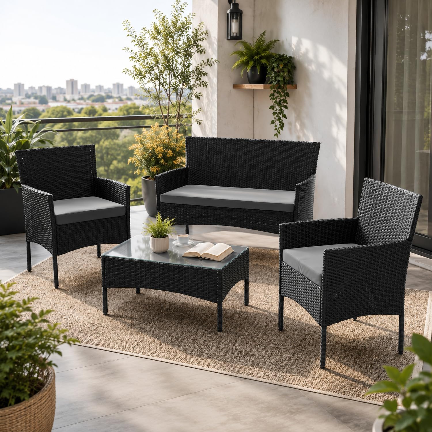 Juskys - Fort Myers salon 4 places - canapé, 2 fauteuils, table, coussins
