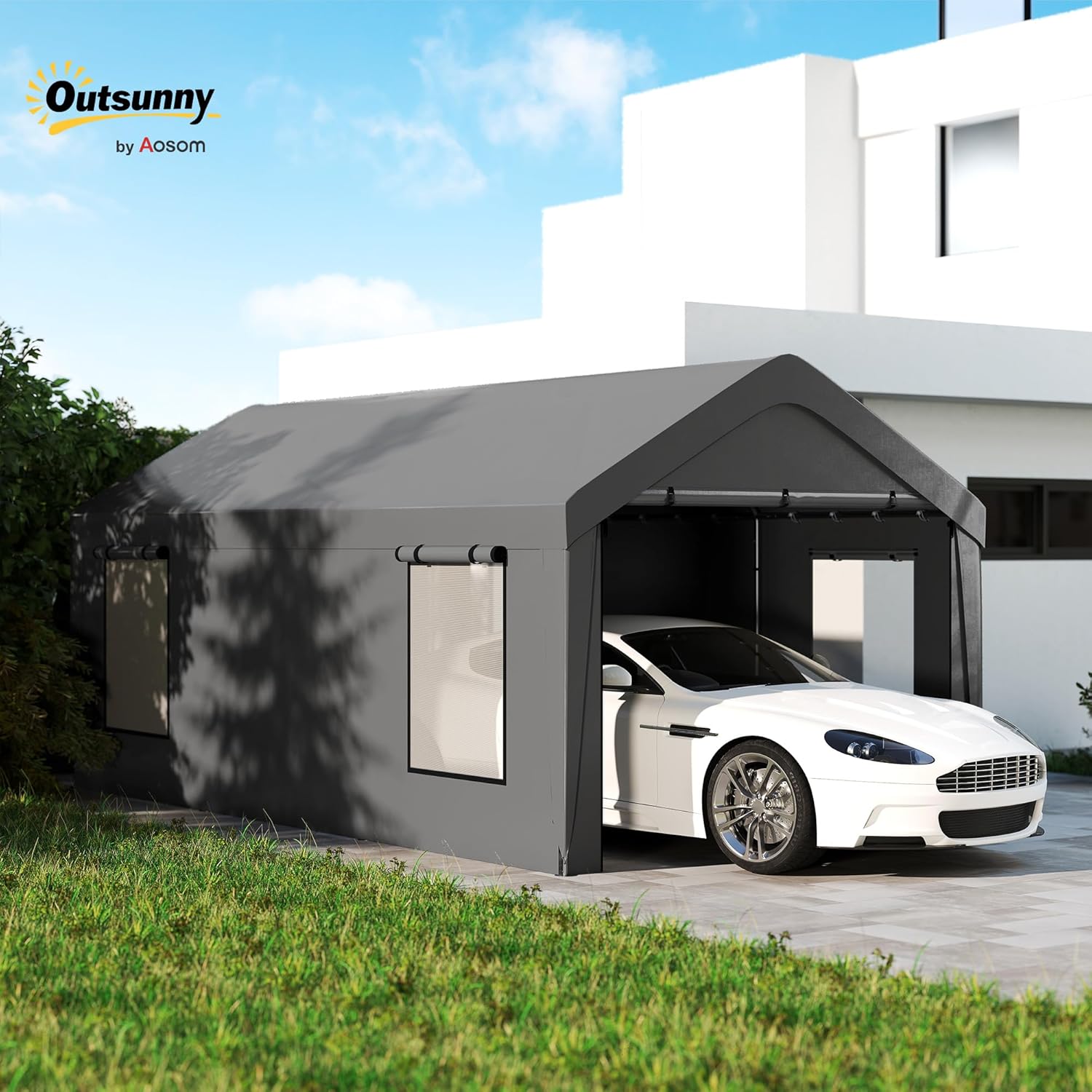 Outsunny - Carport 3x6 m - parois amovibles, 4 fenêtres, 2 portes roulantes
