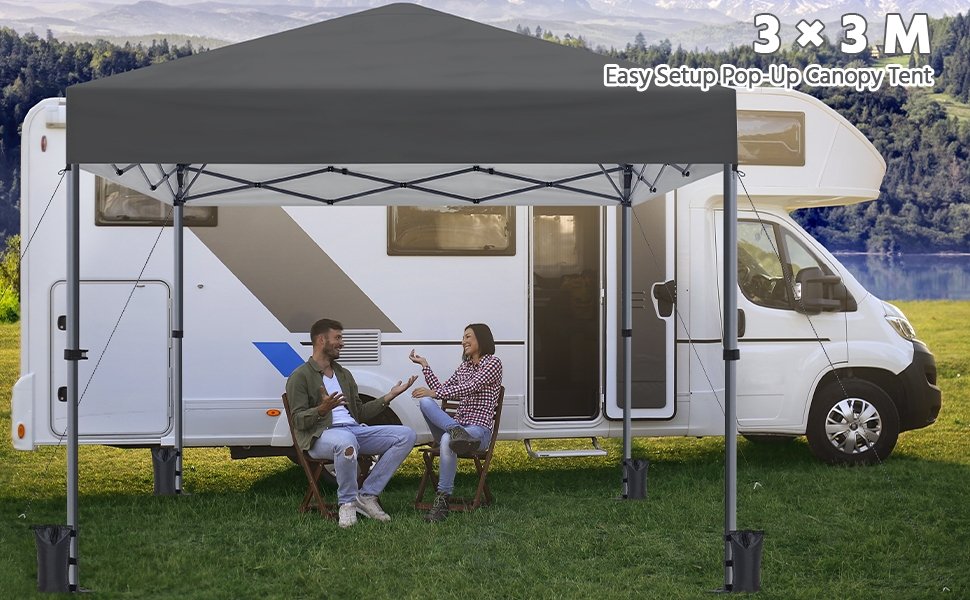 de 3 x 3 m étendue à partir d'un camping-car, offrant un coin salon extérieur couvert pour le camping