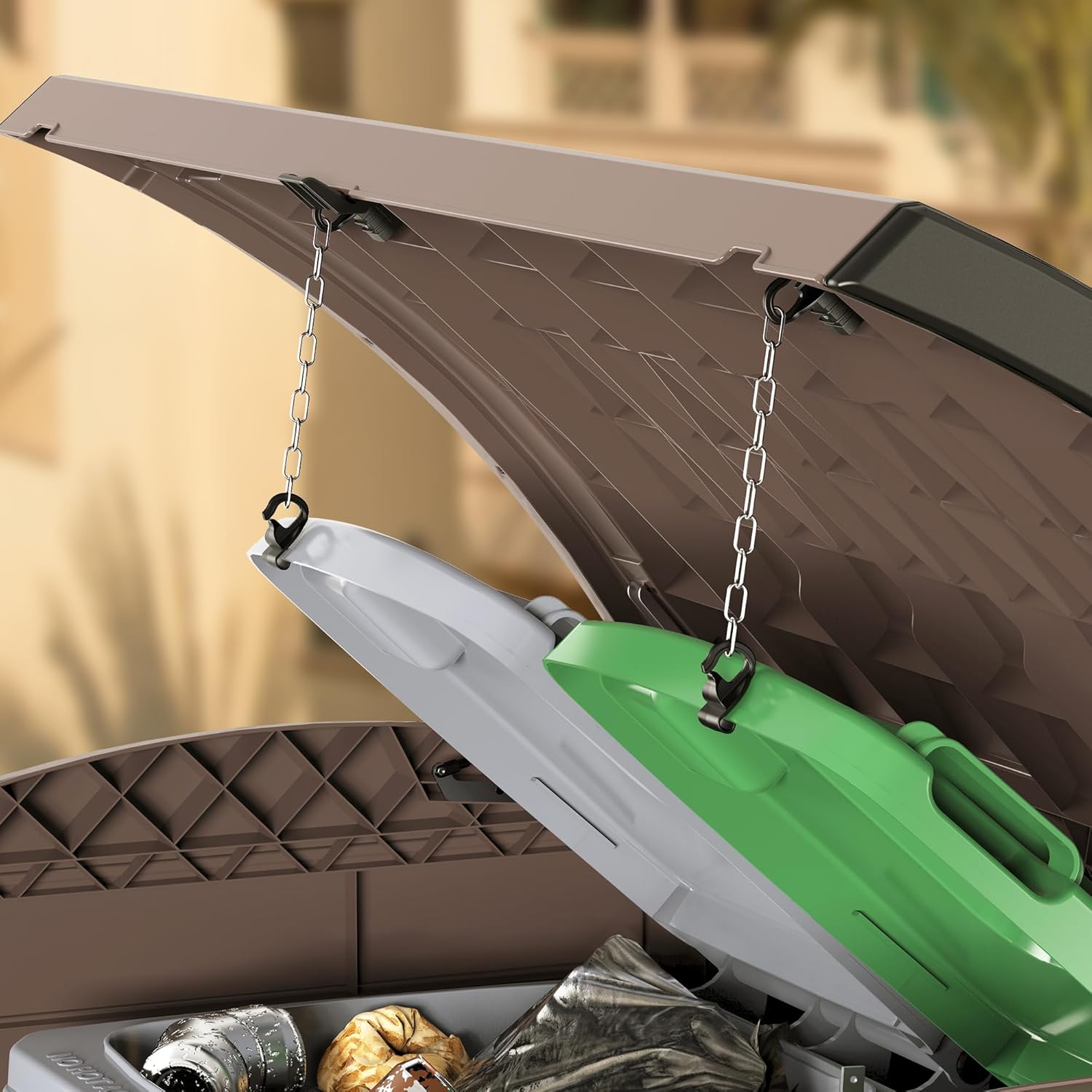Duramax Cedargrain StoreAway 1200L Abri de jardin en plastique / couvercle arc, Abri pour poubelles, Cache poubelles, Coffre de poubelle, Idéal pour les 2x 240L poubelles, 145x85x125 cm, Marron