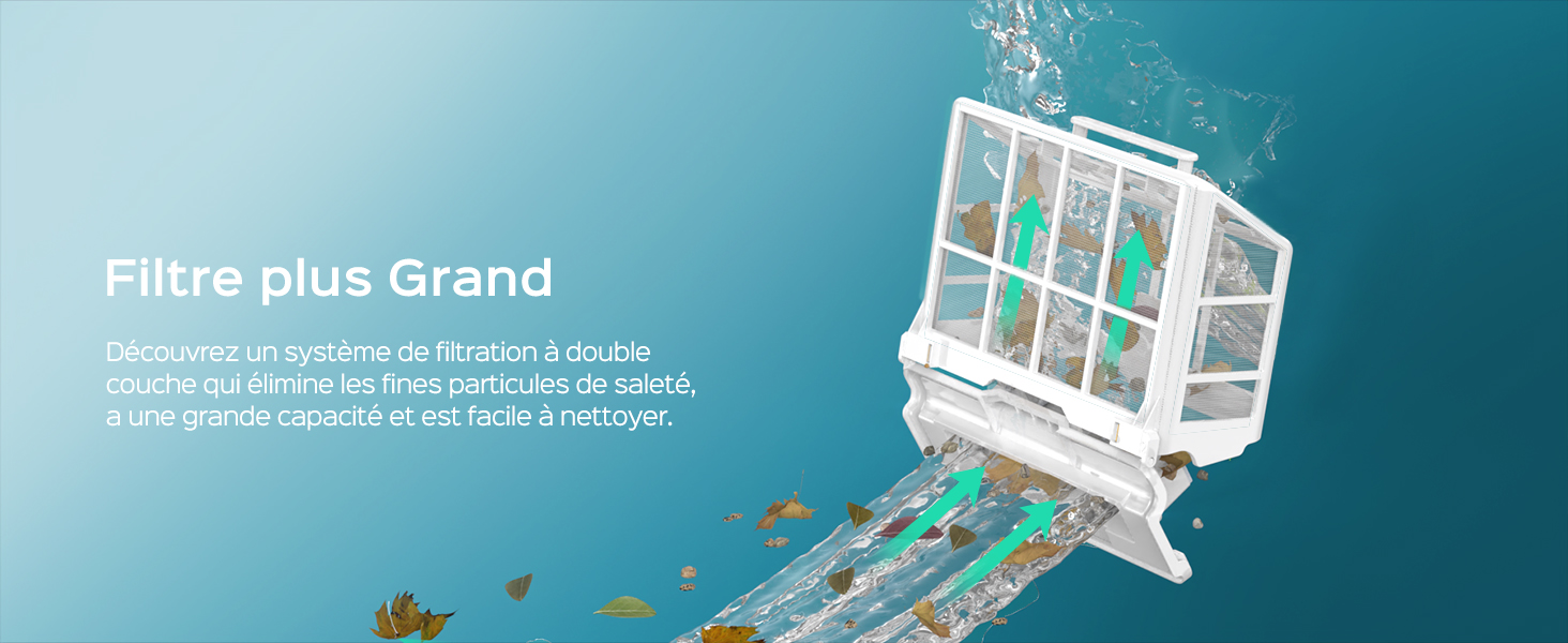 Filtre de lave-vaisselle illustré intitulé « Filtre plus Grand », illustré en train de capturer les débris alimentaires présents dans le jet d'eau pour améliorer les performances de nettoyage