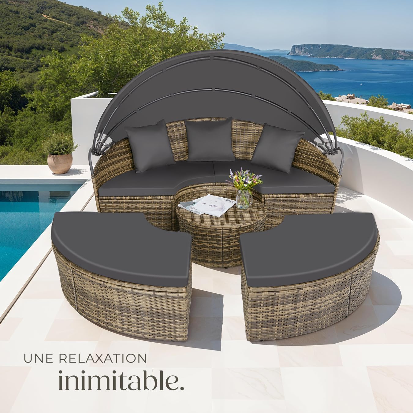 tectake - Bain de soleil modulable avec pare-soleil, coussins inclus, résine tressée, relax extérieur