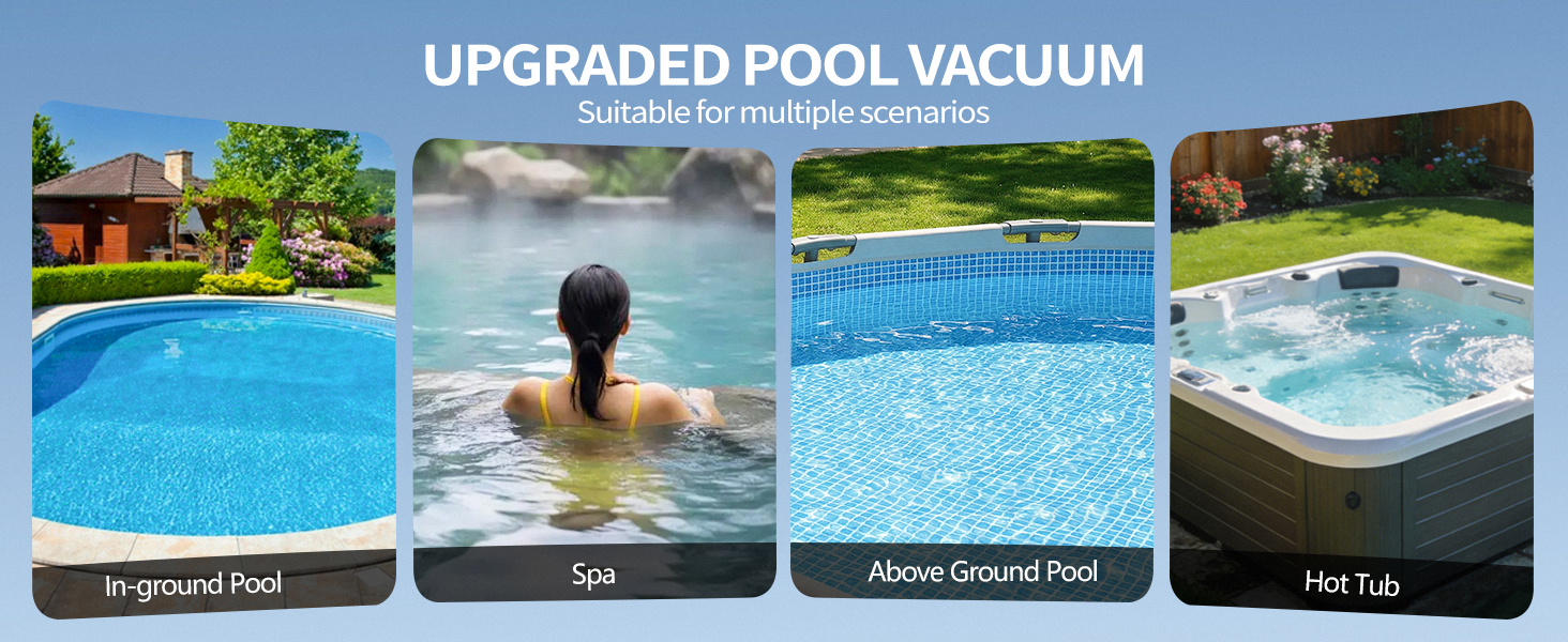 Le texte indique « ASPIRATEUR DE PISCINE AMÉLIORÉ ». Plusieurs photos montrant des scènes de piscine et des équipements d'entretien avec des fonds d'eau bleus.