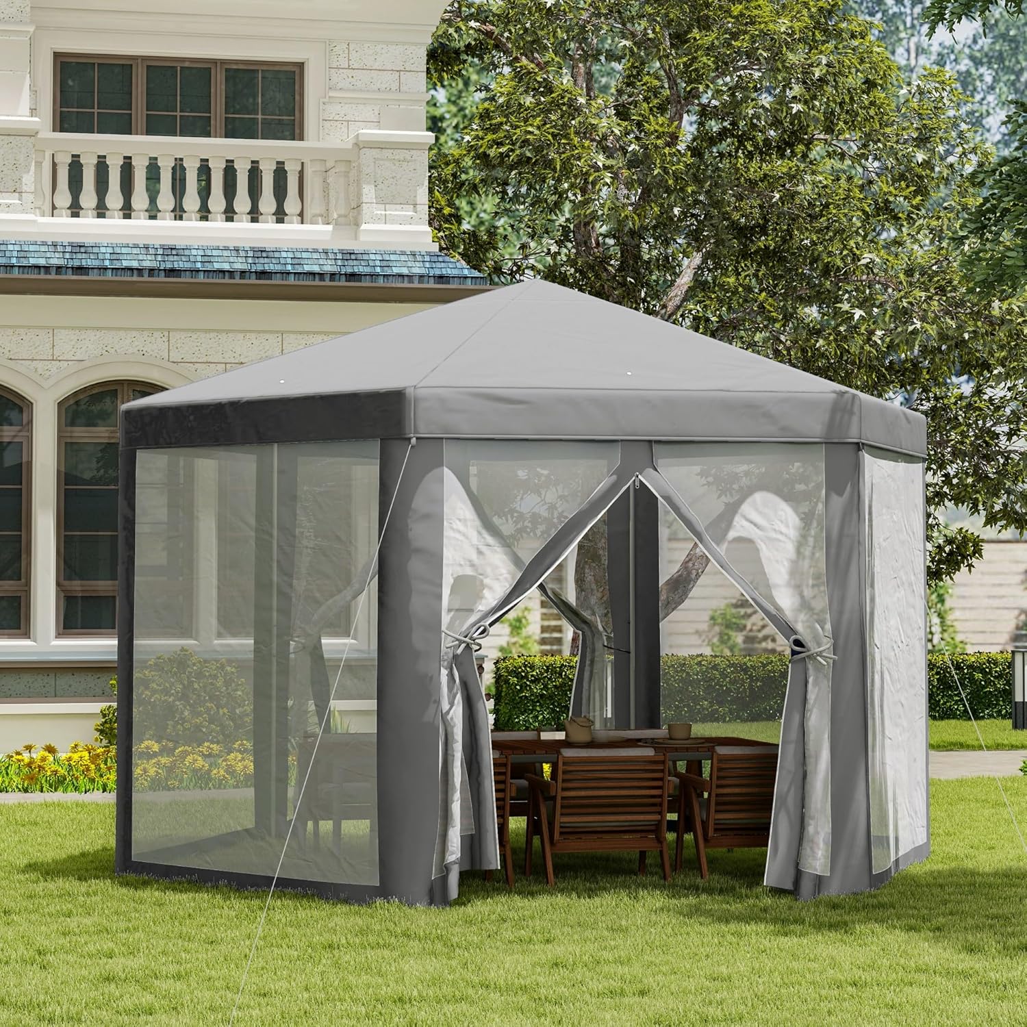 Outsunny - Tonnelle hexagonale Cosy, métal et polyester, gris, 3,5m