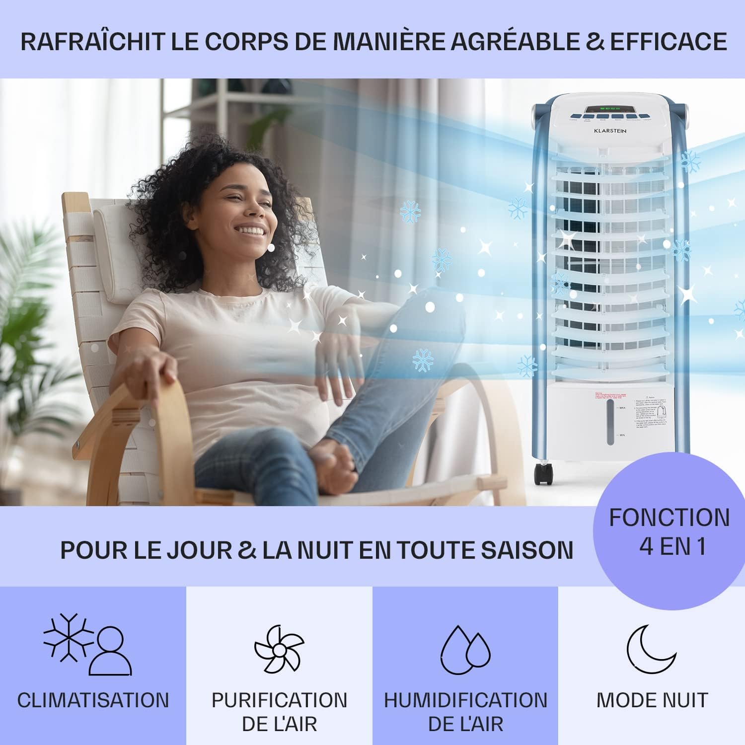 Klarstein Rafraichisseur d'Air 4 en 1, Climatiseur Portable, Humidificateur, Ventilateur, Ioniseur, Climatiseur Mobile Sans Évacuation, Pack Glacons, Réservoir 6L, 65W, Puissant Débit d'Air 444m³/h
