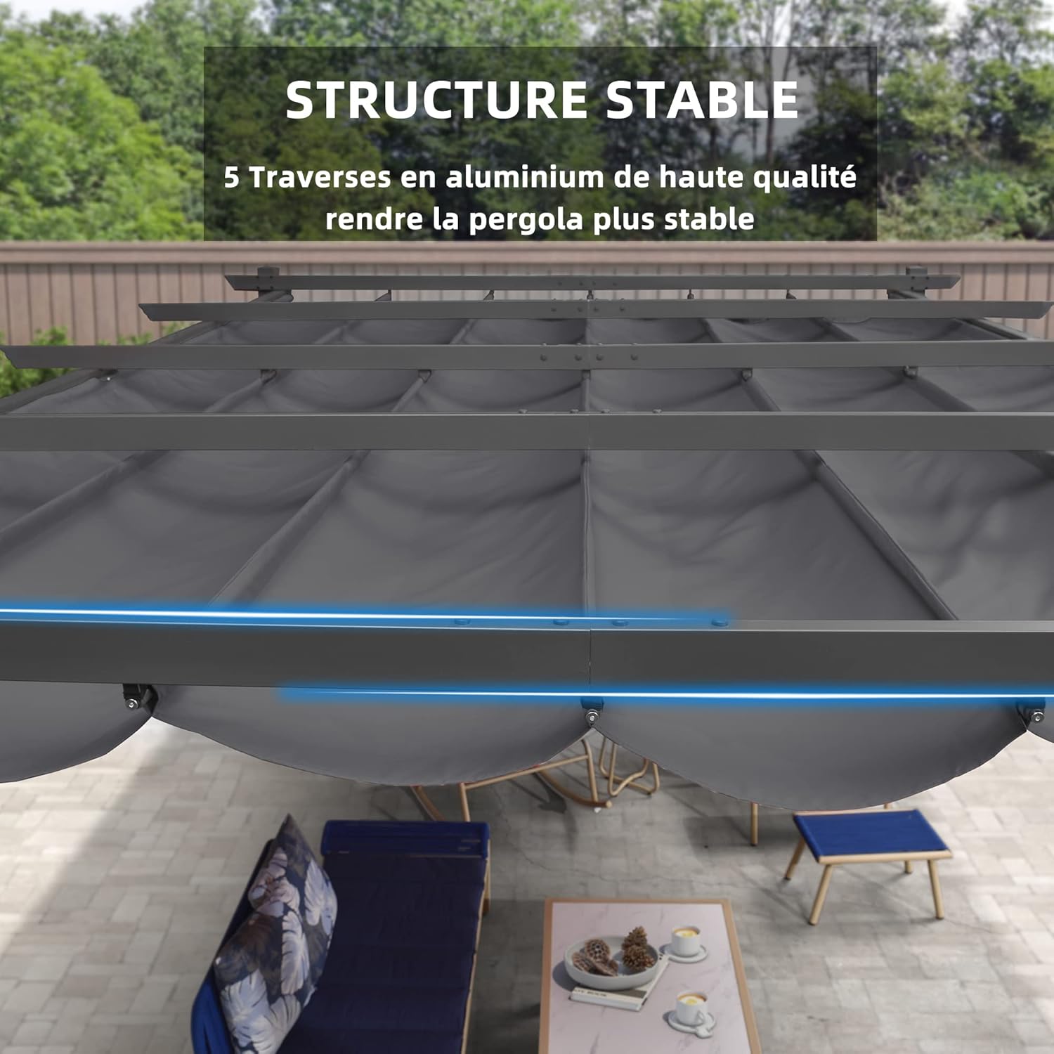 PURPLE LEAF - pergola aluminium - 3,65x3m - toit rétractable LED, tissu gris