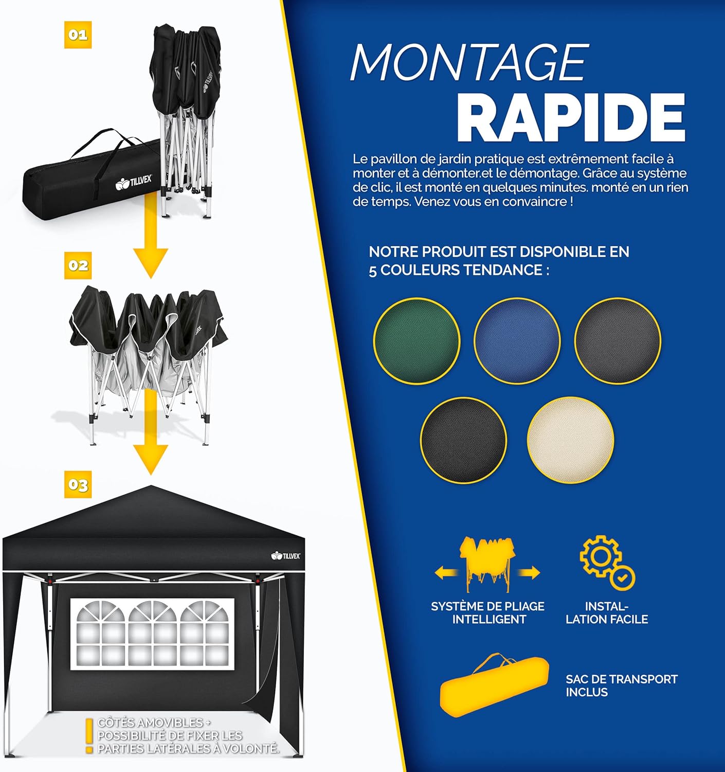 tillvex Tonnelle de Jardin 3 x 3 m Pliable avec 2 côtés | Tente de Jardin Pliante réglable en Hauteur | Auvent Pliant pour Camping, Festival, Plage, Jardin | Protection UV 50+ | avec Sac de Jardin