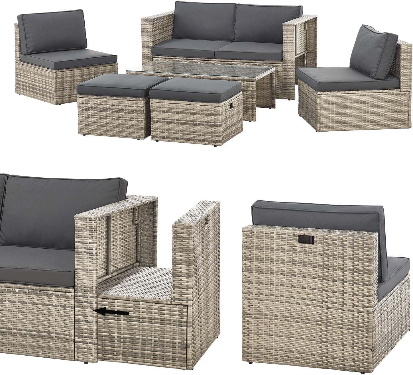 Juskys - Salon de jardin Salou - 6 places, polyrotin, table, coussins, résistant intempéries, gris