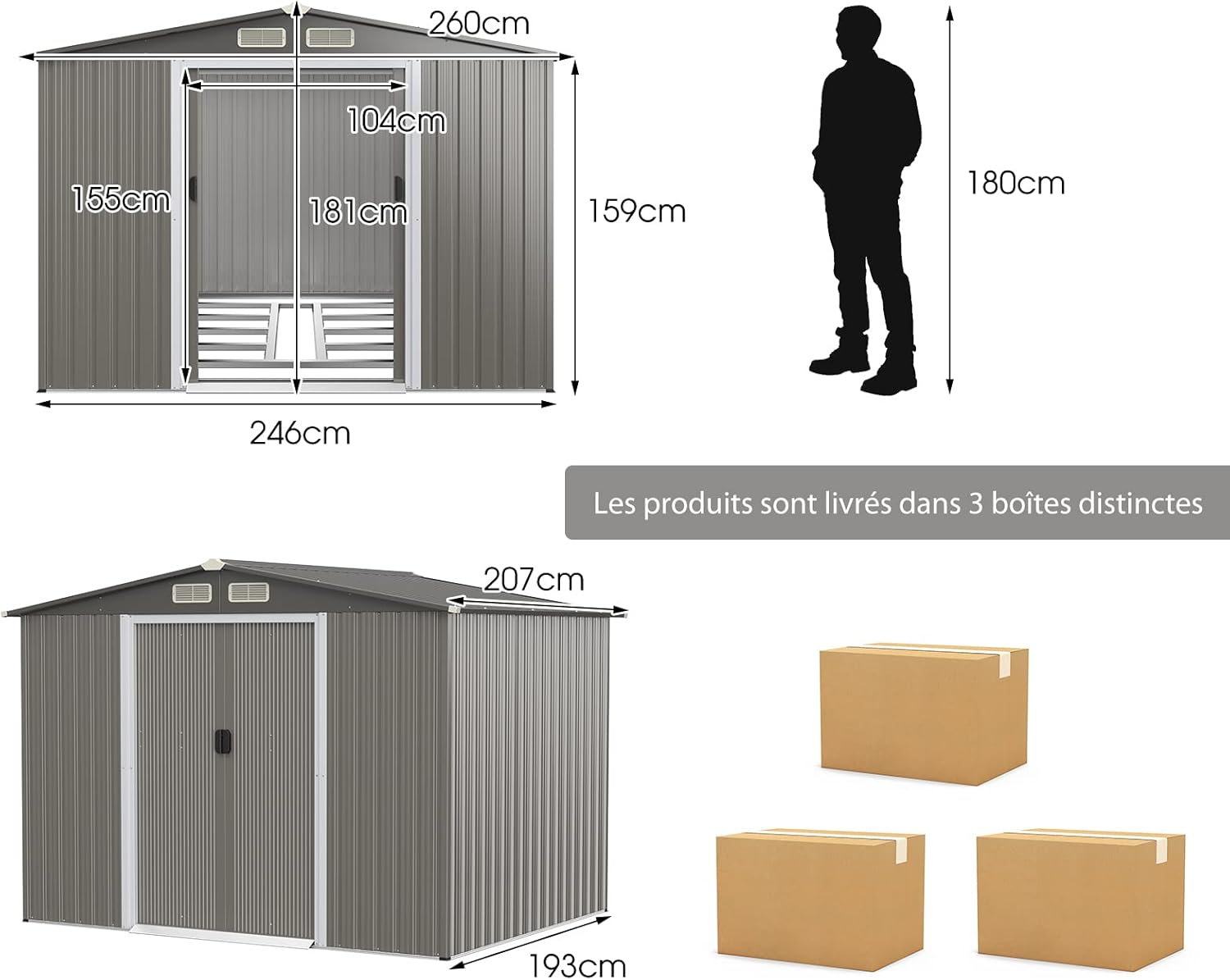 GOPLUS 4,74㎡ Abri de Jardin Métal Galvanisé avec Base, Cabine de Jardin Extérieur Porte Coulissante, Résistant aux Intempéries, Cabane de Rangement à Outils 8,59m³, 260 x 207 x 181cm, Toit Gris Foncé
