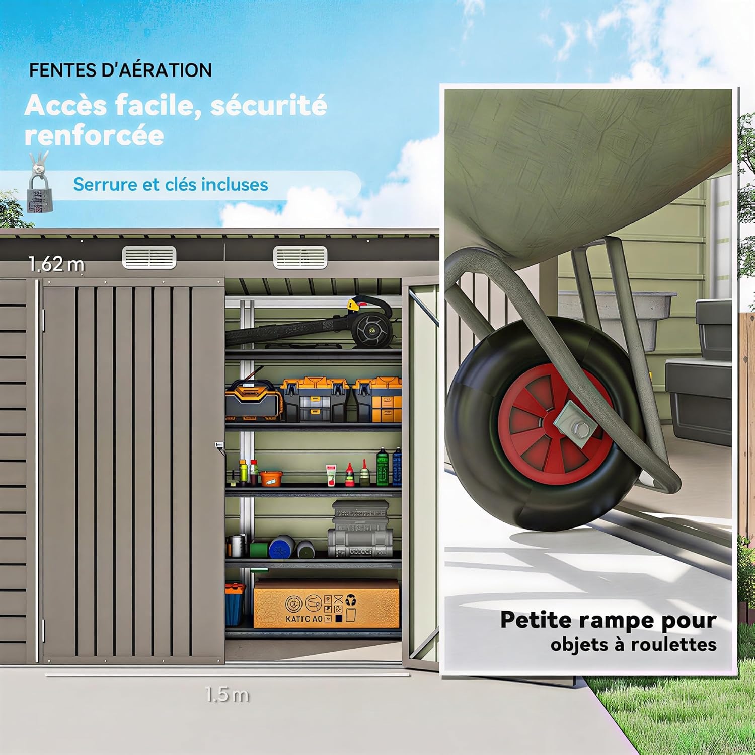Outsunny - Abri de jardin métal 3 m² - 249x121x183 cm - acier galvanisé, portes verrouillables, aérations