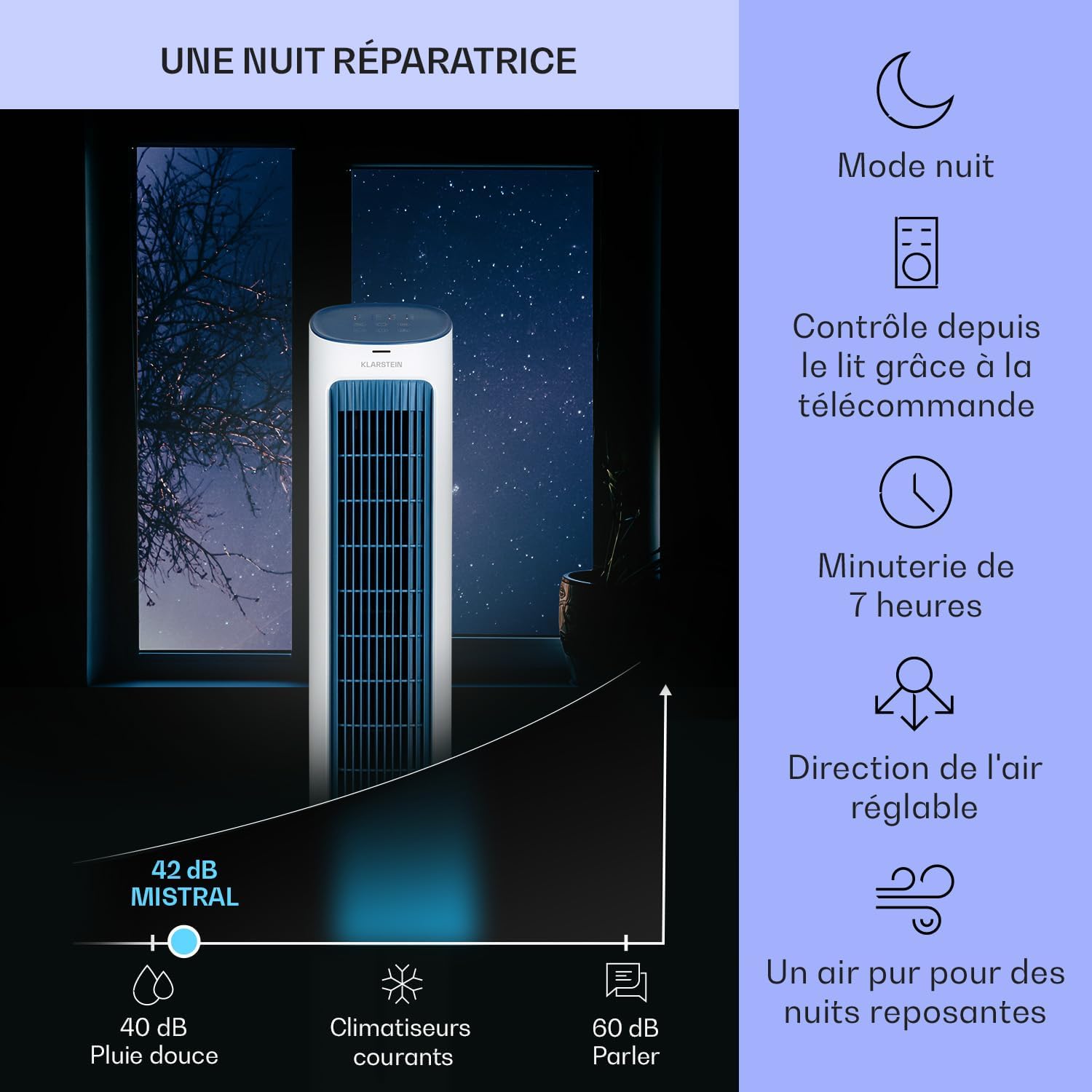Klarstein Rafraichisseur d'Air Mobile 5-en-1, Ioniseur, Refroidisseur d'Air par Evaporation, Silencieux avec Mode Nuit, Humidificateur, Ventilateur, Purificateur, 50W, Débit d'air de 360m³/h