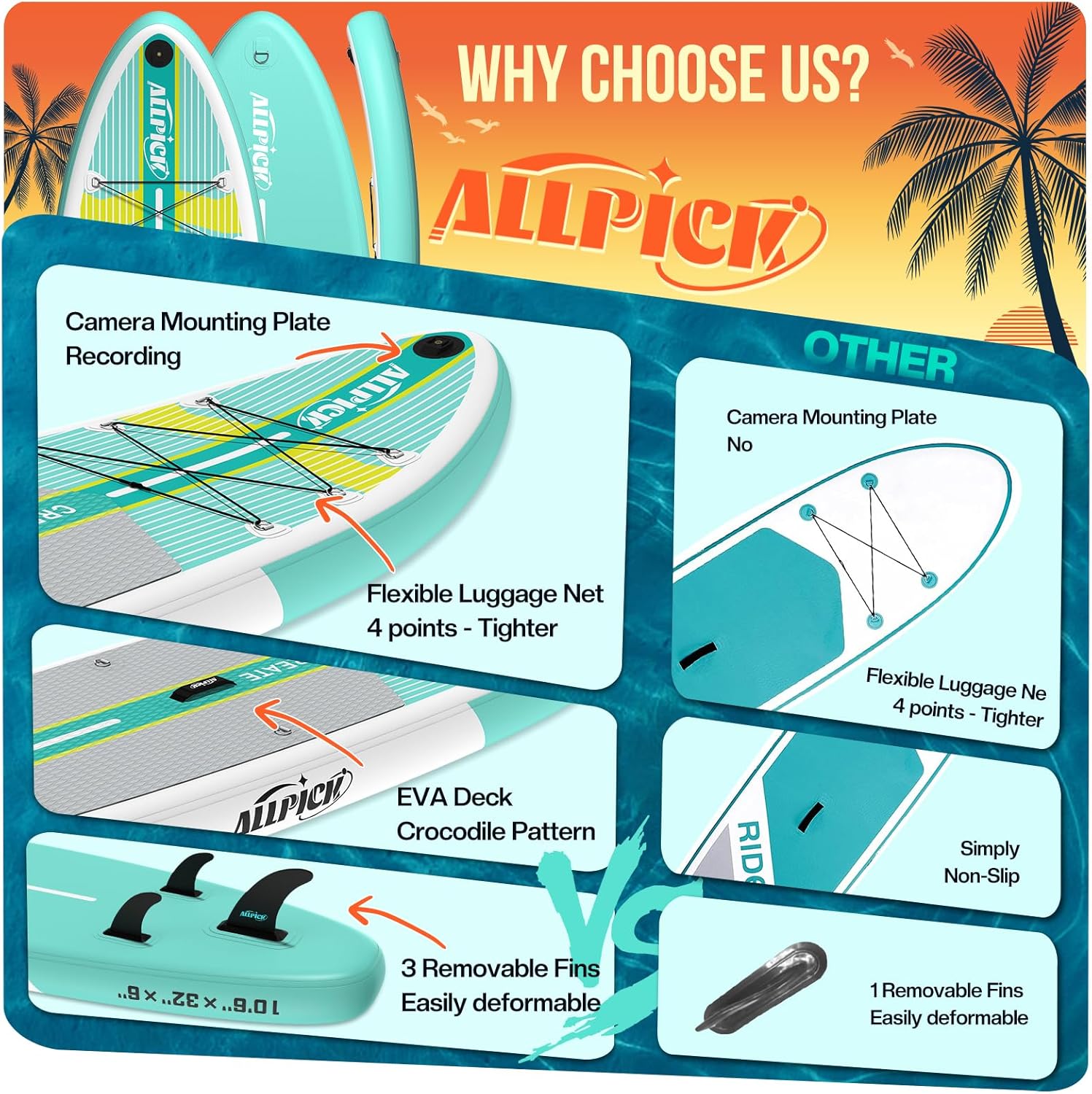 ALLPICK Paddle Gonflable, Kit de Padelsurf de Stand Up Paddle Sup Gonflable de 320 cm, avec Support Universel pour Caméra, Pagaie réglable, Débutants et confirmés, 200 kg