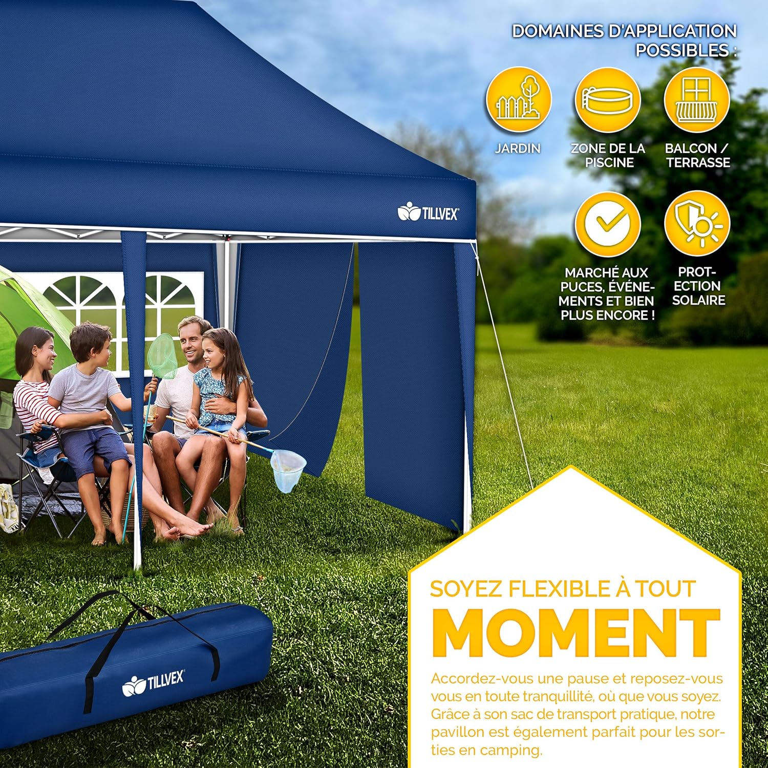 tillvex - Tonnelle pop-up 3x6m, étanche, UV50+, 3 côtés, sac
