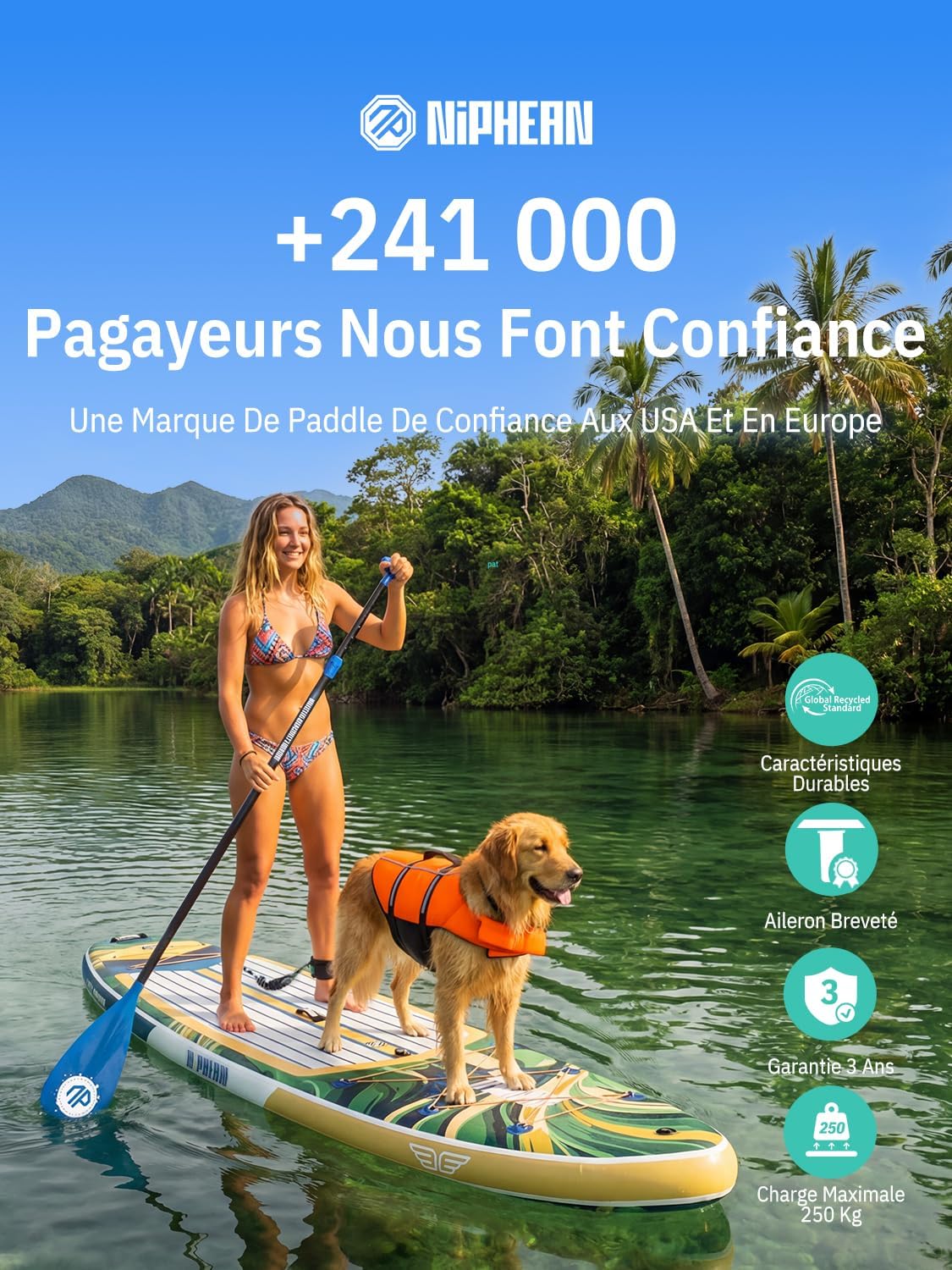 Niphean Extra Large Paddle Gonflable, Sup à 2+1 Personnes/Famille, Planches de Stand Up Paddle Gonflables avec (Idéal Débutant) Aileron Équilibré, Housse Étanche, Paddle Gonflable Adulte, Cadeaux
