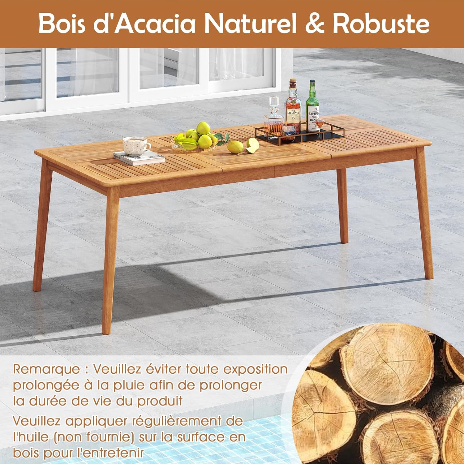 COSTWAY - Table de jardin en bois d'acacia - 200x90 cm - 8 personnes, trou parasol 5 cm