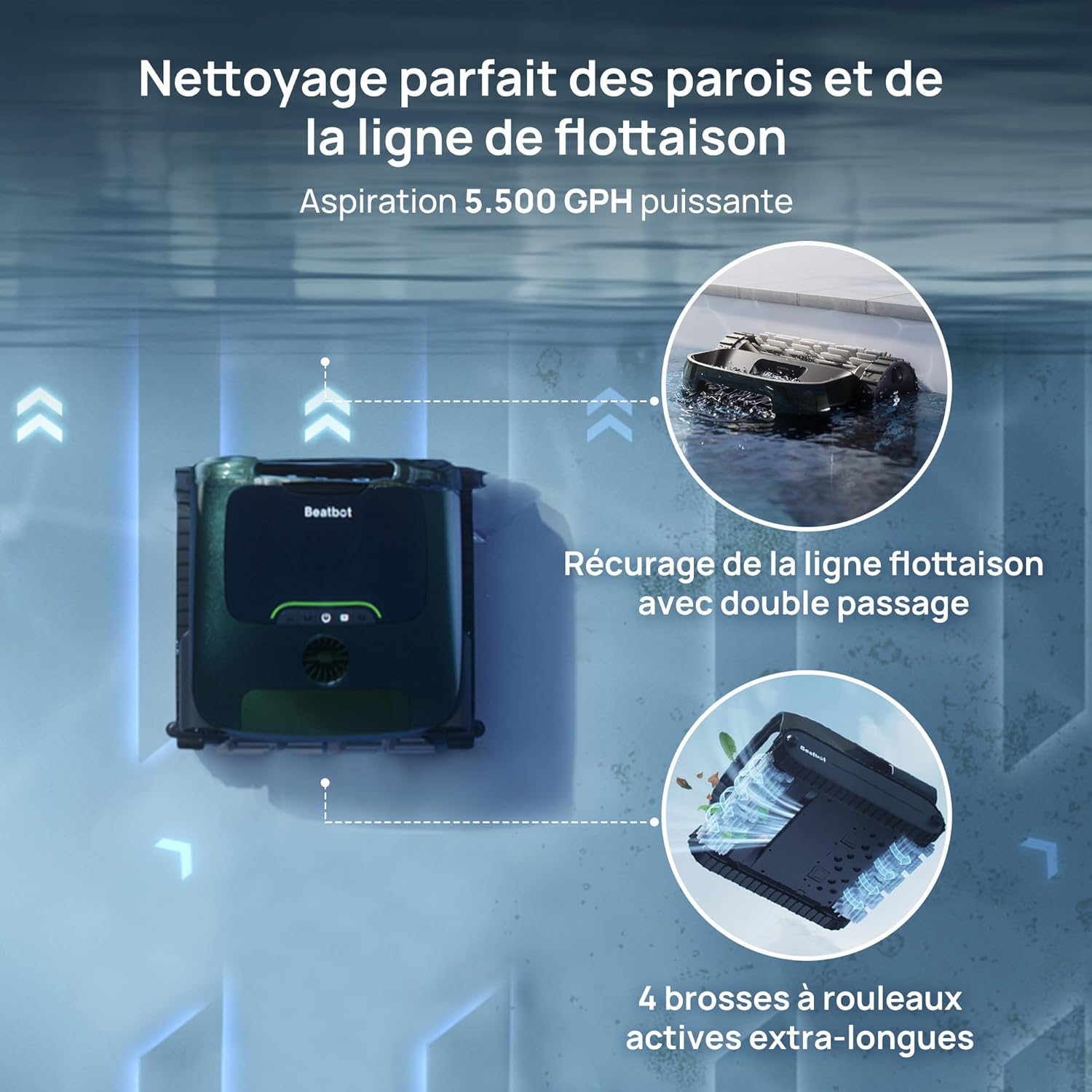 Beatbot AquaSense 2 Pro Robot Piscine sans Fil, nettoie Le Fond, Parois et flottaison, Aspirateur Piscine avec Remontée Automatique, jusqu'à 11 Heures, pour piscines jusqu'à 360 m²