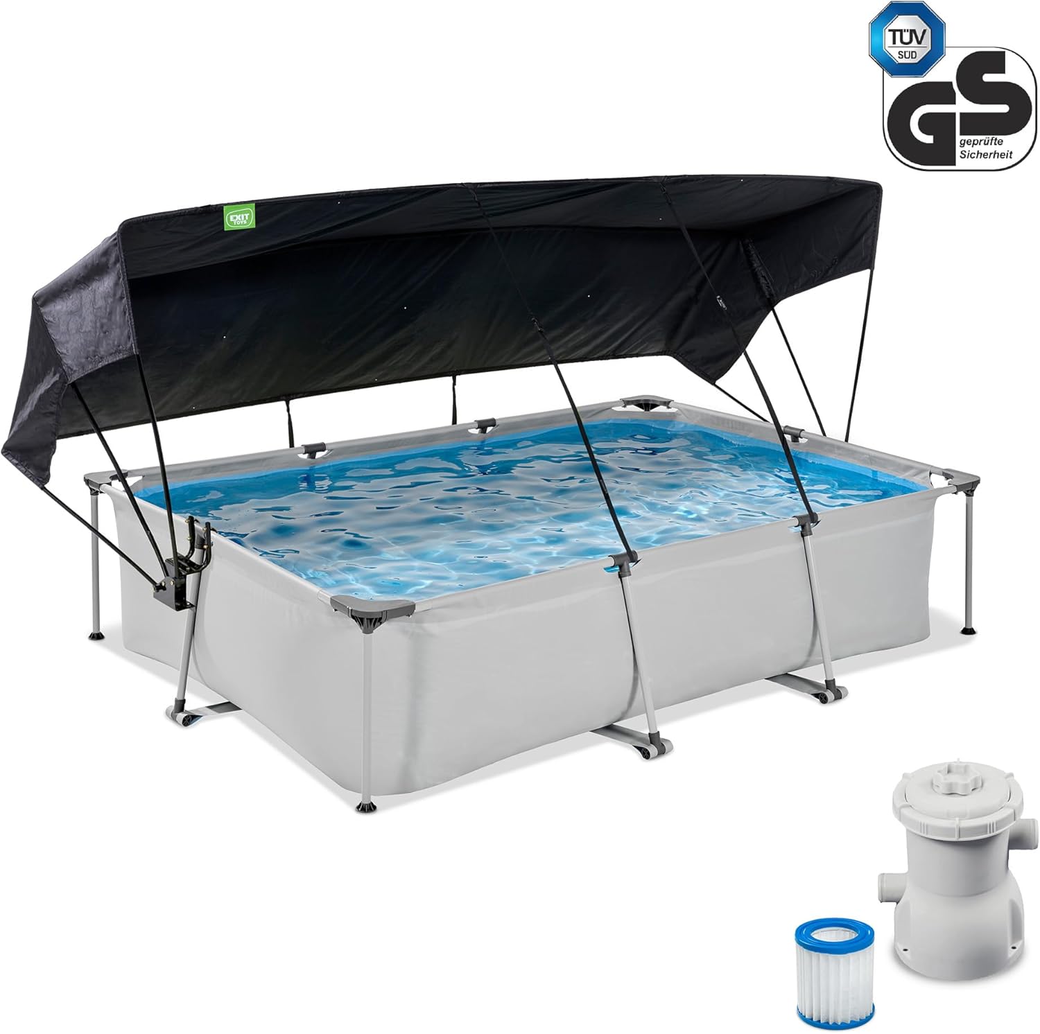 EXIT TOYS Piscine Soft Grey avec Voile d'Ombrage - 300x200x65cm - Piscine Hors Sol Rectangulaire avec Pompe Filtrante à Cartouche - Protection Optimale Contre Les Rayons UV - Entrée Basse - Gris