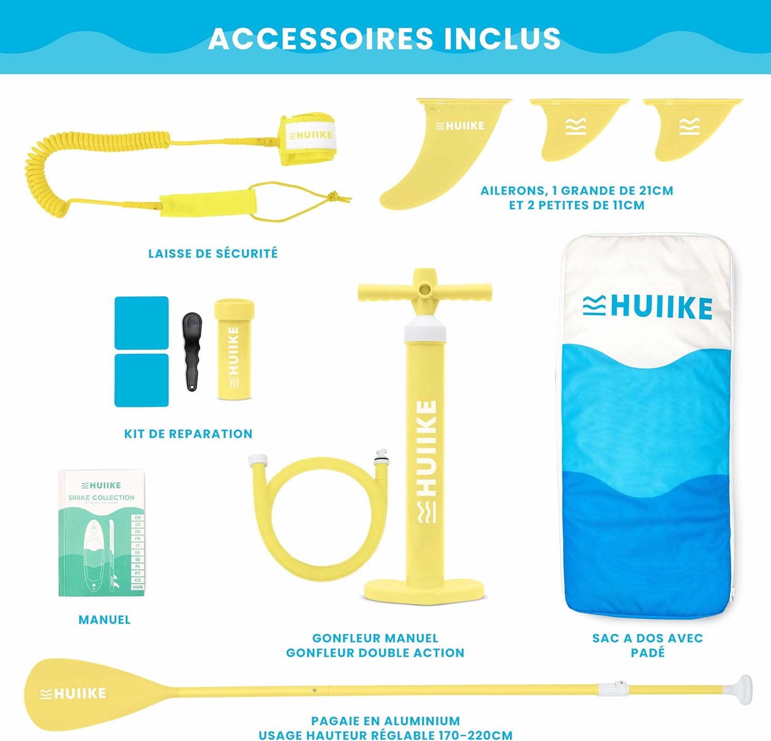 HUIIKE - Paddle gonflable adulte - 305x84x15 cm - grande stabilité, accessoires inclus