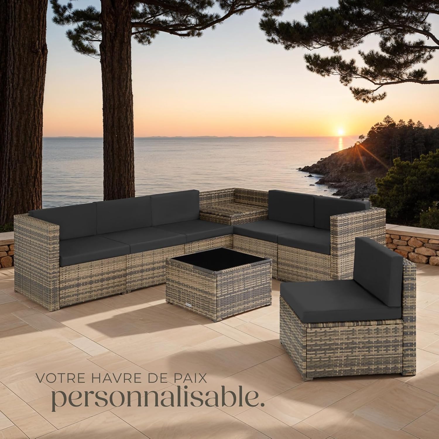 TecTake - salon de jardin modulable 6 places résine, coffre et table, brun - 200x130cm