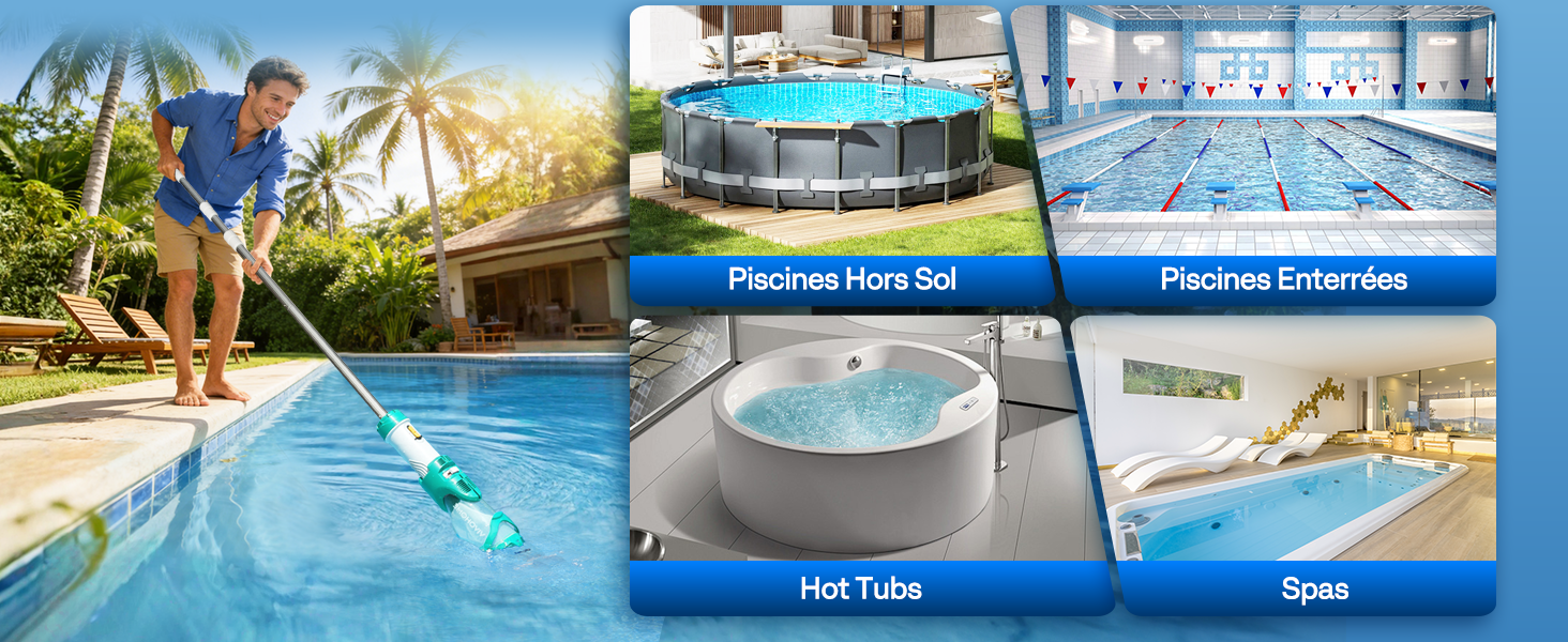 Collage de produits pour piscines et spas. Le texte indique « Piscinas Duro Sol », « Piscinas Elevadas », « Hot Tube », « Spa », indiquant différents types de plans d'eau.