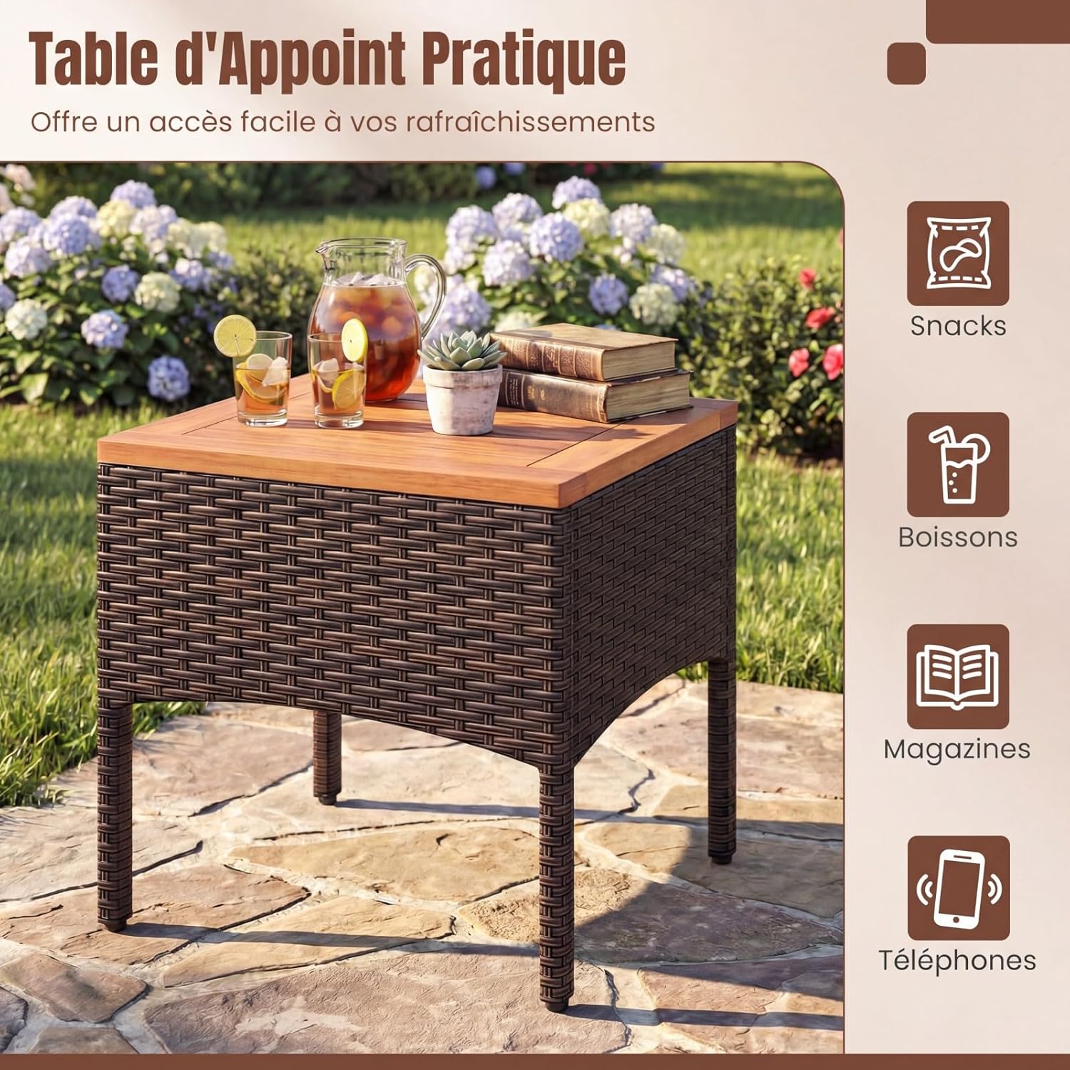 COSTWAY - Salon de Jardin 3 pcs - rotin PE, bois acacia, coussins amovibles, jaune terre