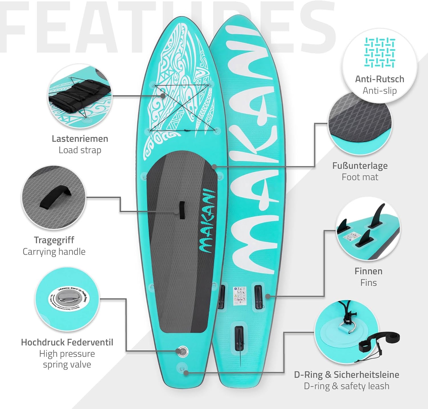 ECD Germany - Stand Up Paddle Board - 305/308/320/380 cm - PVC, jusqu’à 150 kg, 10/15 cm, sac, pompe