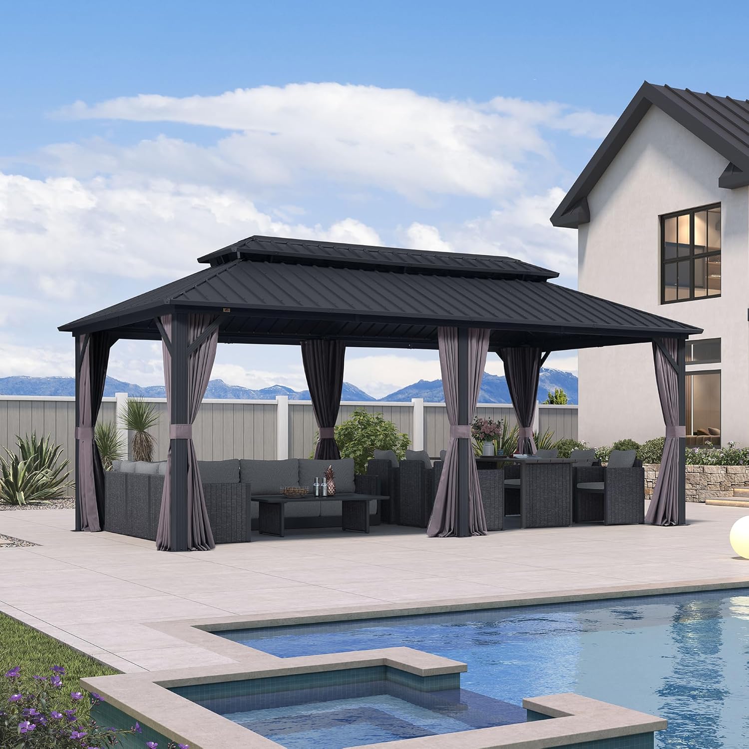 PURPLE LEAF - pergola double toit 6x3m, alu & acier, rideaux & moustiquaire