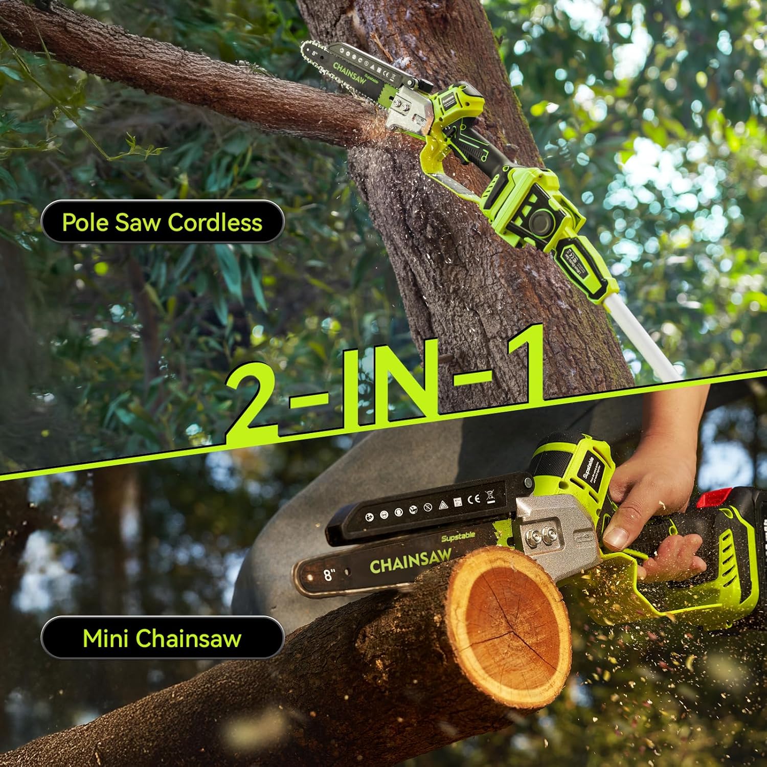 Supstable 2-en-1 Mini Tronconneuse Télescopique & Elagueuse sur Perche 8 Pouces, Extension jusqu'à 4,8 m, Tronconneuse a Batterie 8000 mAh, Système D'huile Automatique, pour Branches et Jardin