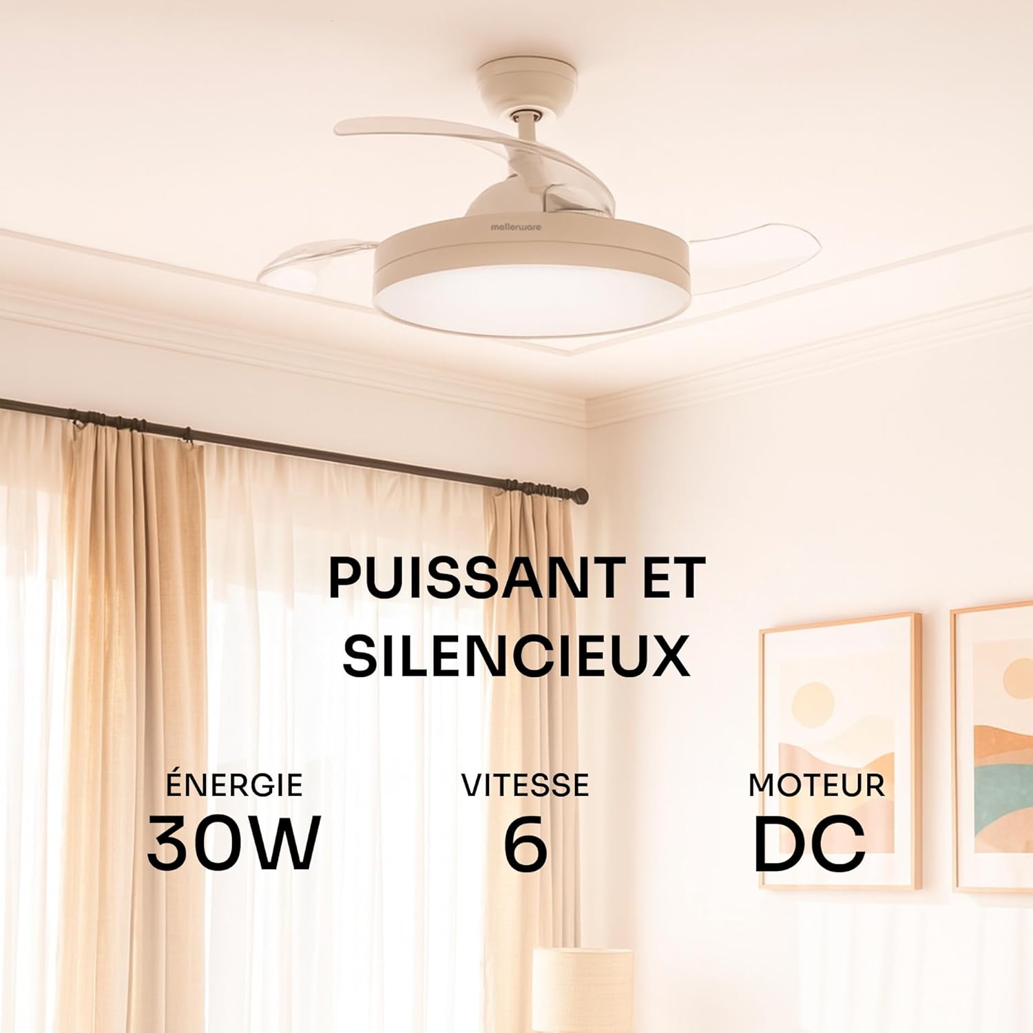 Mellerware - Brizy rétractable Ø106 cm - 40 W, 6 vitesses, LED, moteur DC