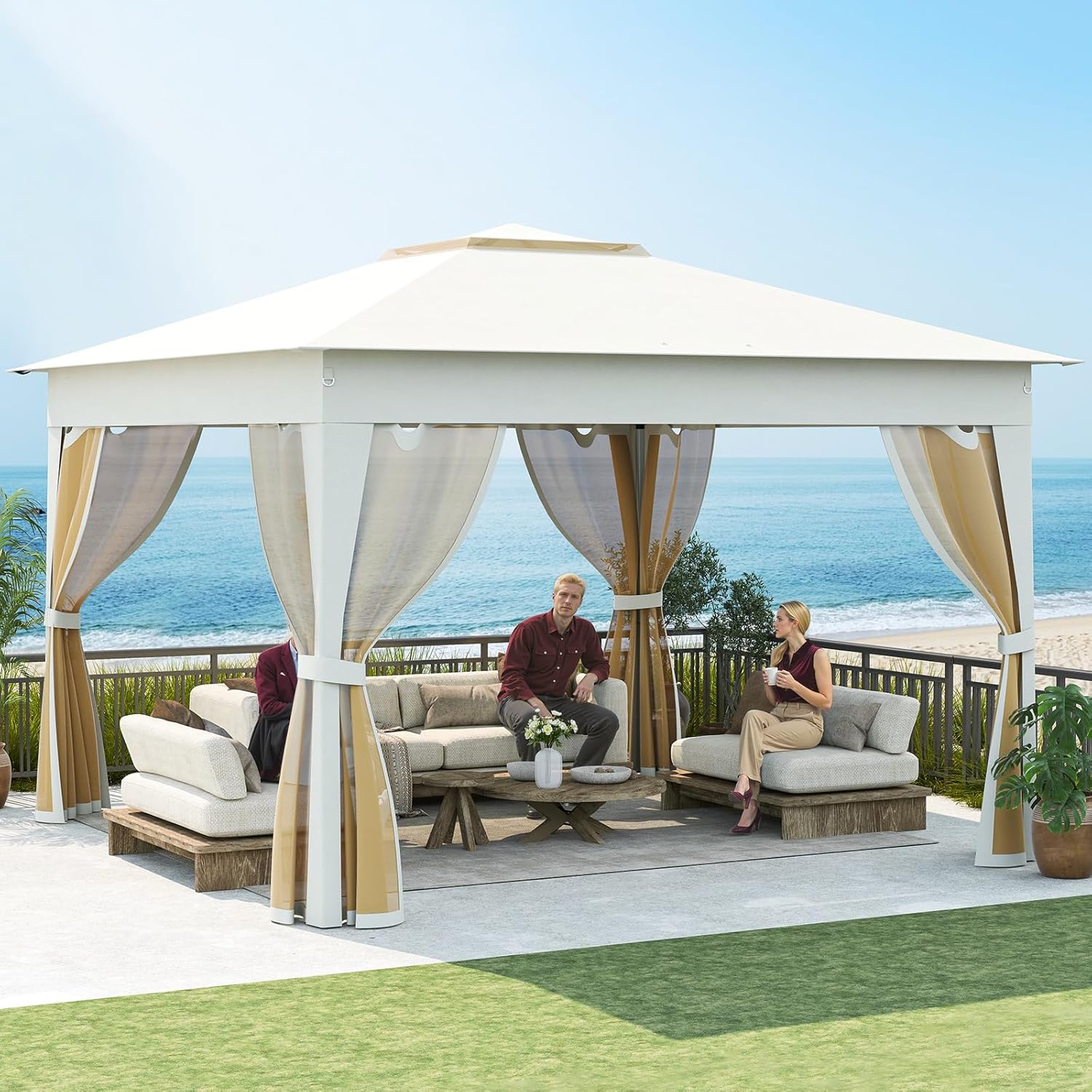 RELAX4LIFE Tonnelle Pliante 3x3 avec Moustiquaires, Tonnelle de Jardin Exterieur Facile à Monter, Toit Ventilé Argenté, Protection Solaire, Sac Inclus, Pavillon de Jardin pour Terrasse Patio, Beige