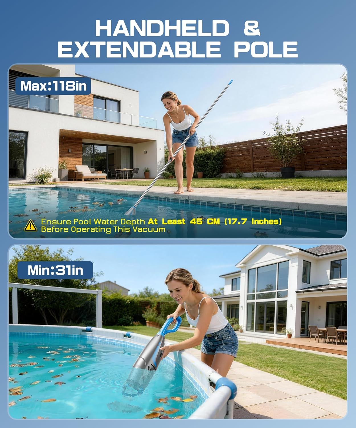 UIRWAY V3 Aspirateur Piscine sans Fil, 26,5 GPM Aspirateur Piscine Hors Sol Puissant Graviers, 2026 IPX8 Balai Aspirateur Piscine Rechargeable avec 2 Têtes & 4 Sacs Filtrants, Autonomie 1H Adapté