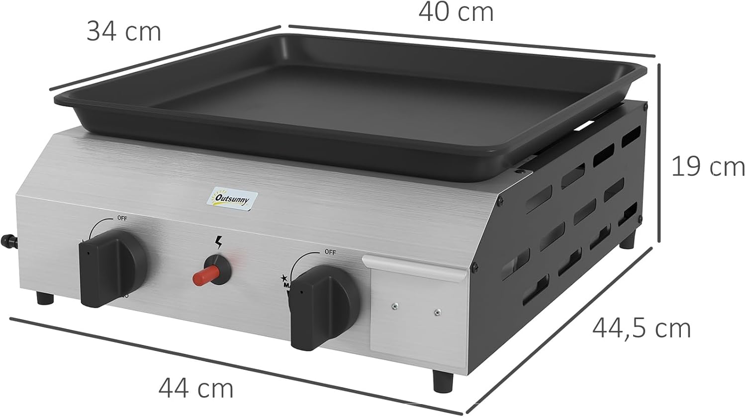Outsunny - plancha gaz inox émaillé 2 brûleurs 40x34cm, 4,8kW