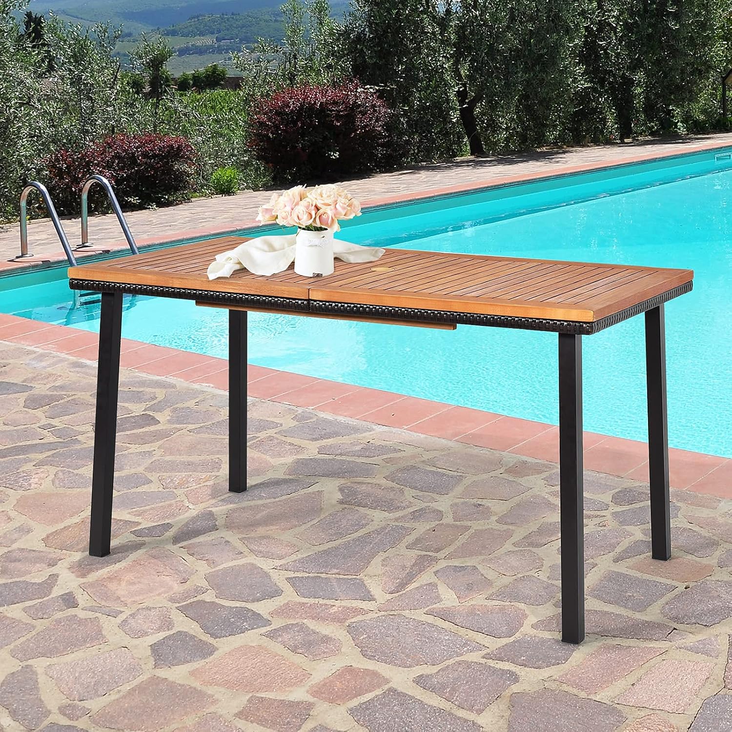 Costway - Table à manger bois et acier - 140x75x76 cm - trou parasol