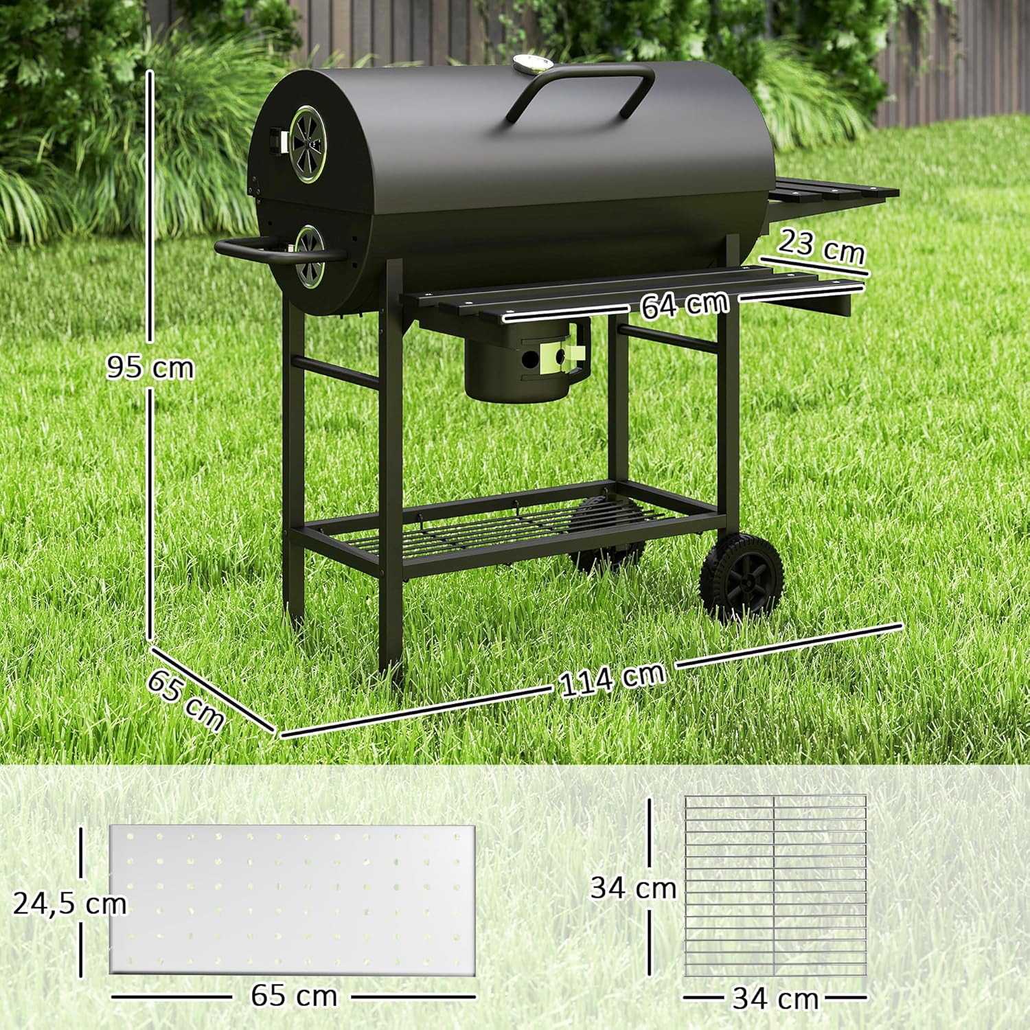 Outsunny - barbecue charbon de bois - grande taille - grille, couvercle thermomètre, roues, tablette pliable