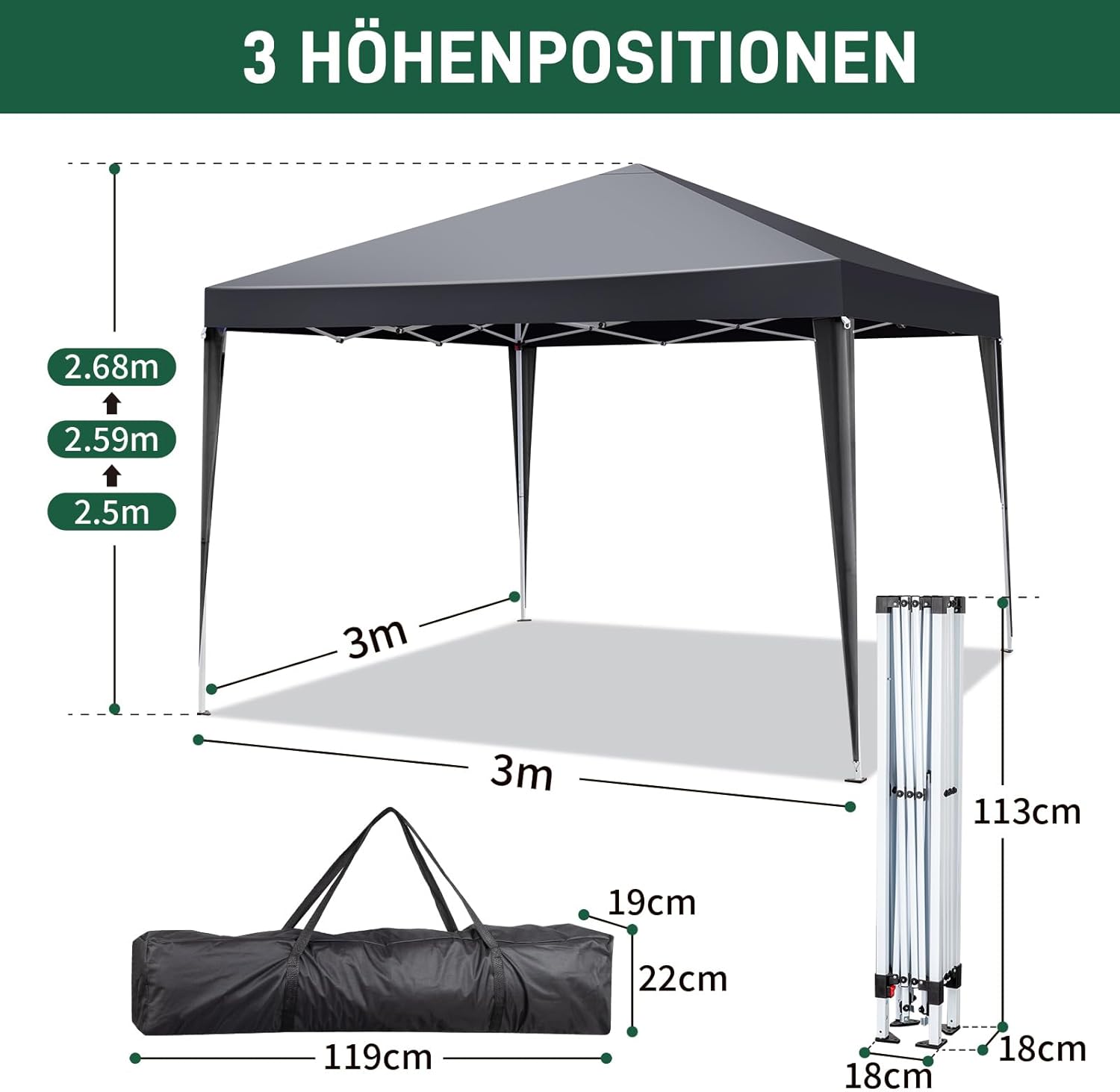 LEADZM - tonnelle pliante - 3x3m - imperméable, UV50+, 4 côtés, réglable
