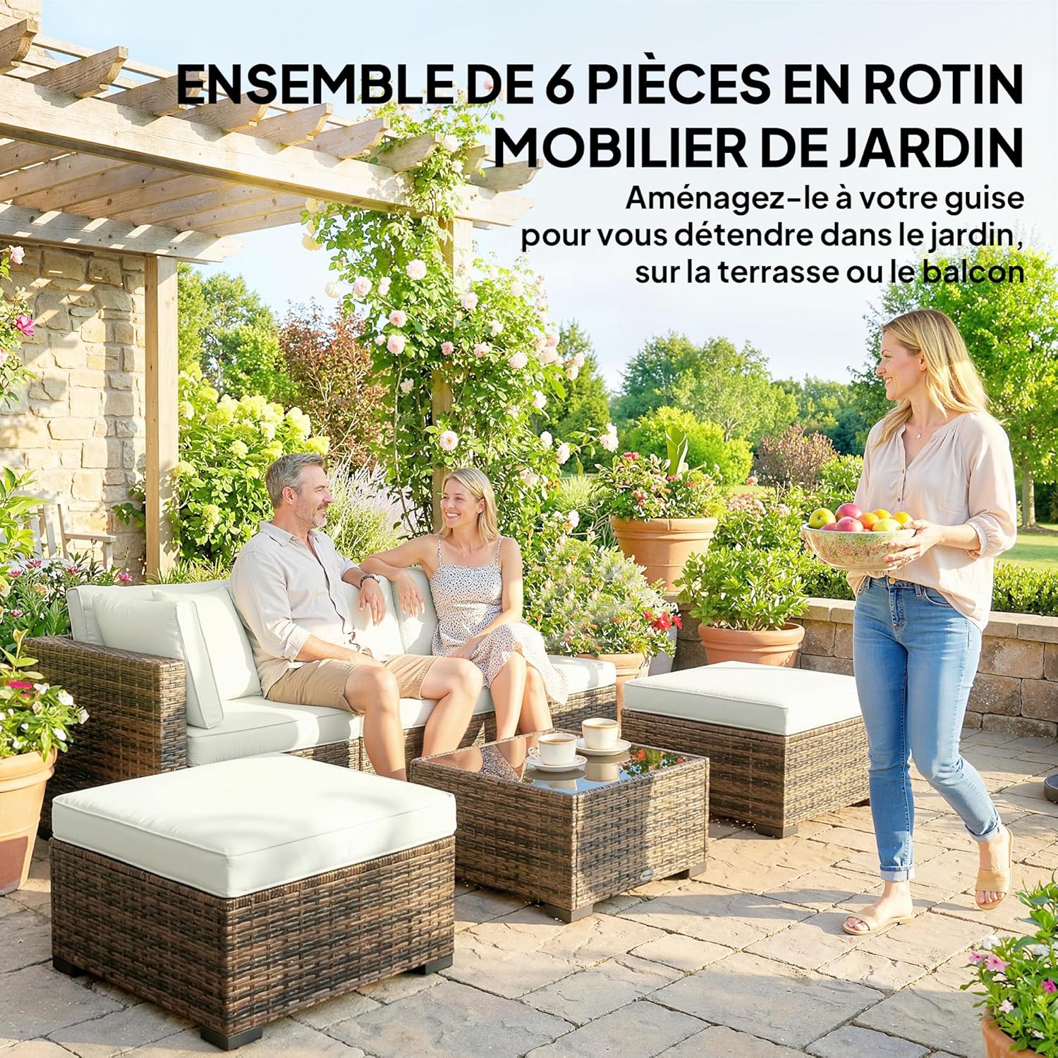 Outsunny - salon de jardin modulable 5 places résine -  crème/jaune - canapés, table basse verre, coussins