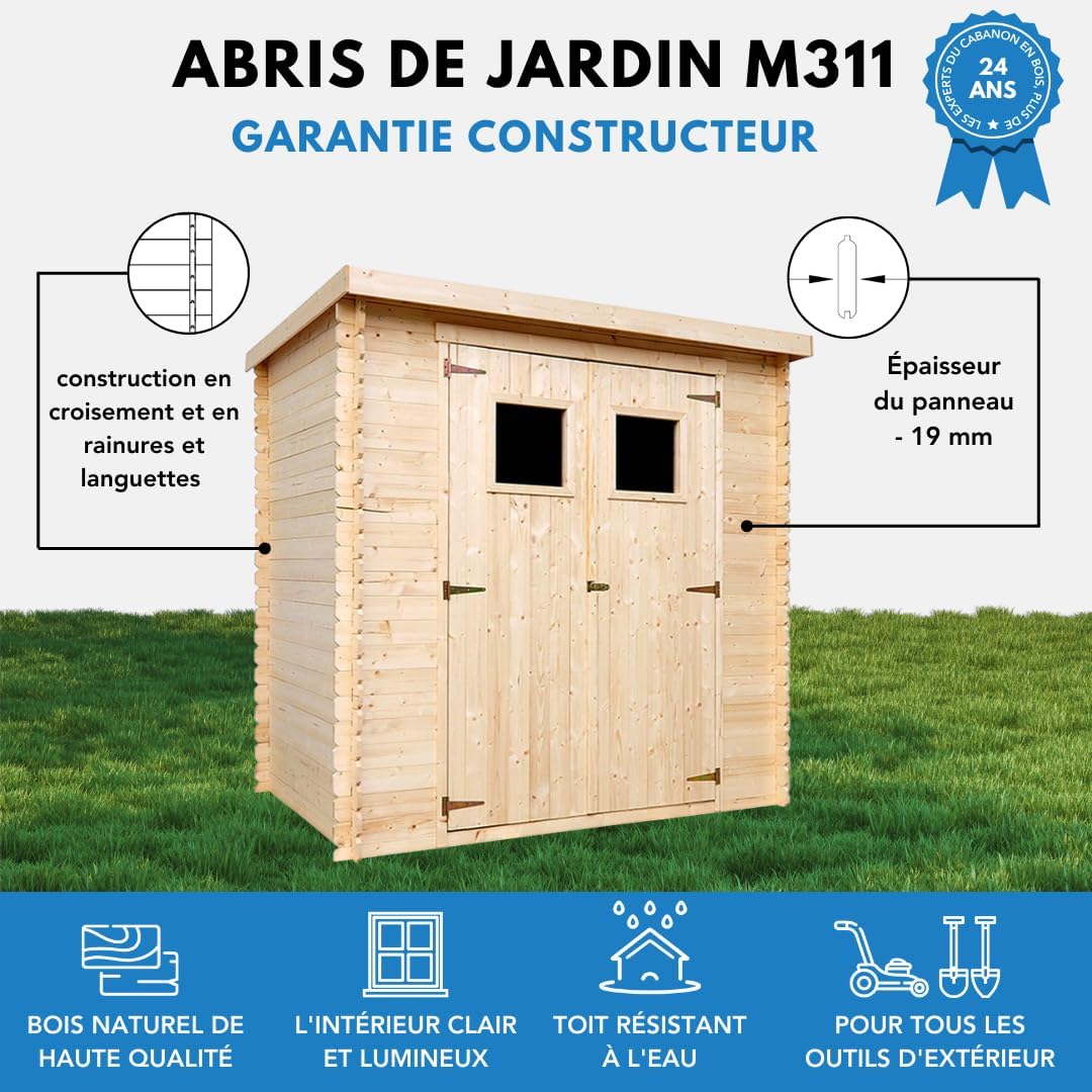 Timbela - abri de jardin bois, 204x142x200cm, toit étanche, fenêtres, M311