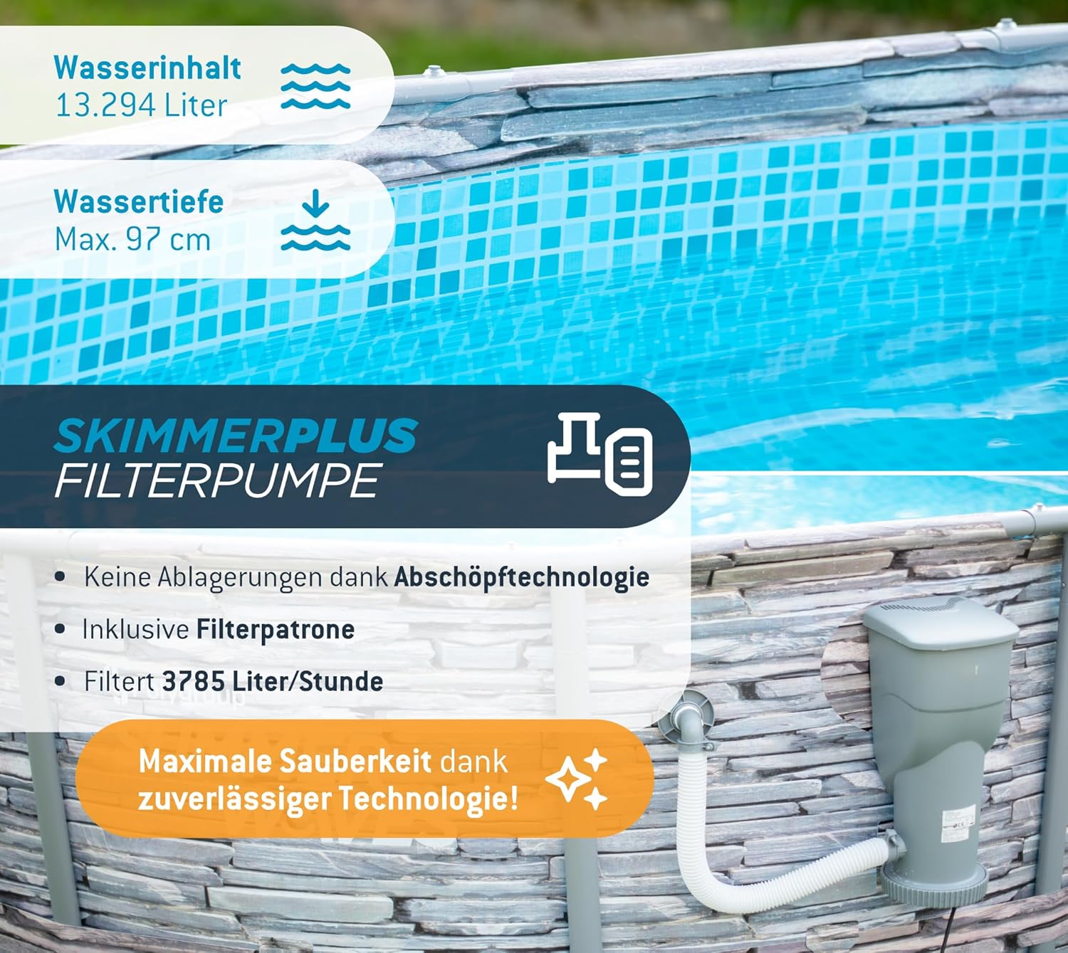 Summer Waves - Frame Pool Kit rond - 427x107 cm - aspect pierre grise, pompe à filtre