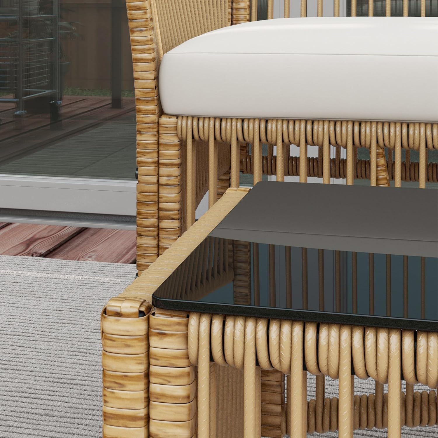 Outsunny - Salon de jardin 4p - métal/résine, coussins beige, table verre