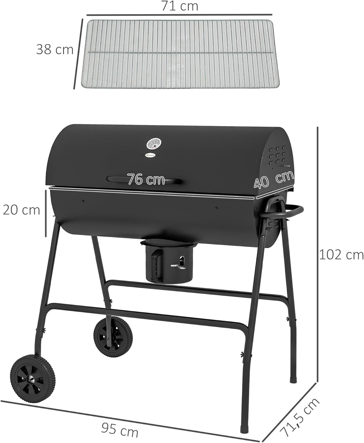 Outsunny - barbecue charbon de bois, 95x71,5x102cm, couvercle, thermomètre, roues