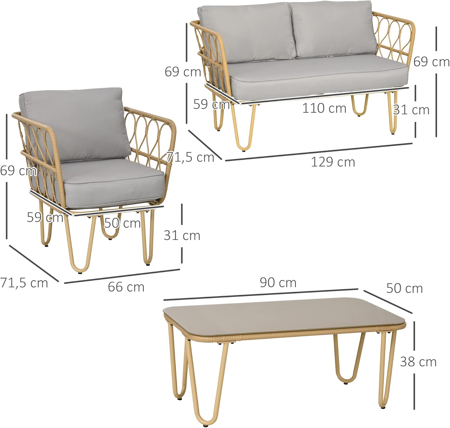 Outsunny - Ensemble salon 4 pièces acier et résine, 2 places, table basse, coussins, gris clair