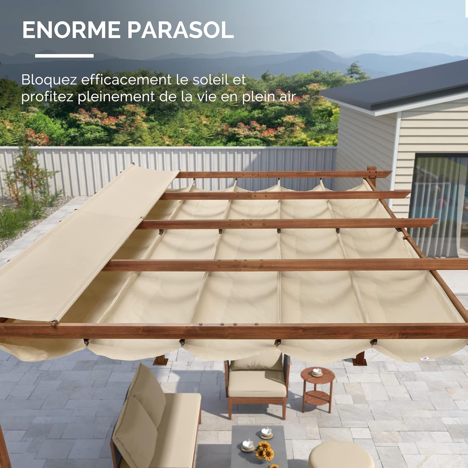 PURPLE LEAF - Pergola aluminium 4x3m, toit rétractable, éclairage intégré, finition teck, kaki