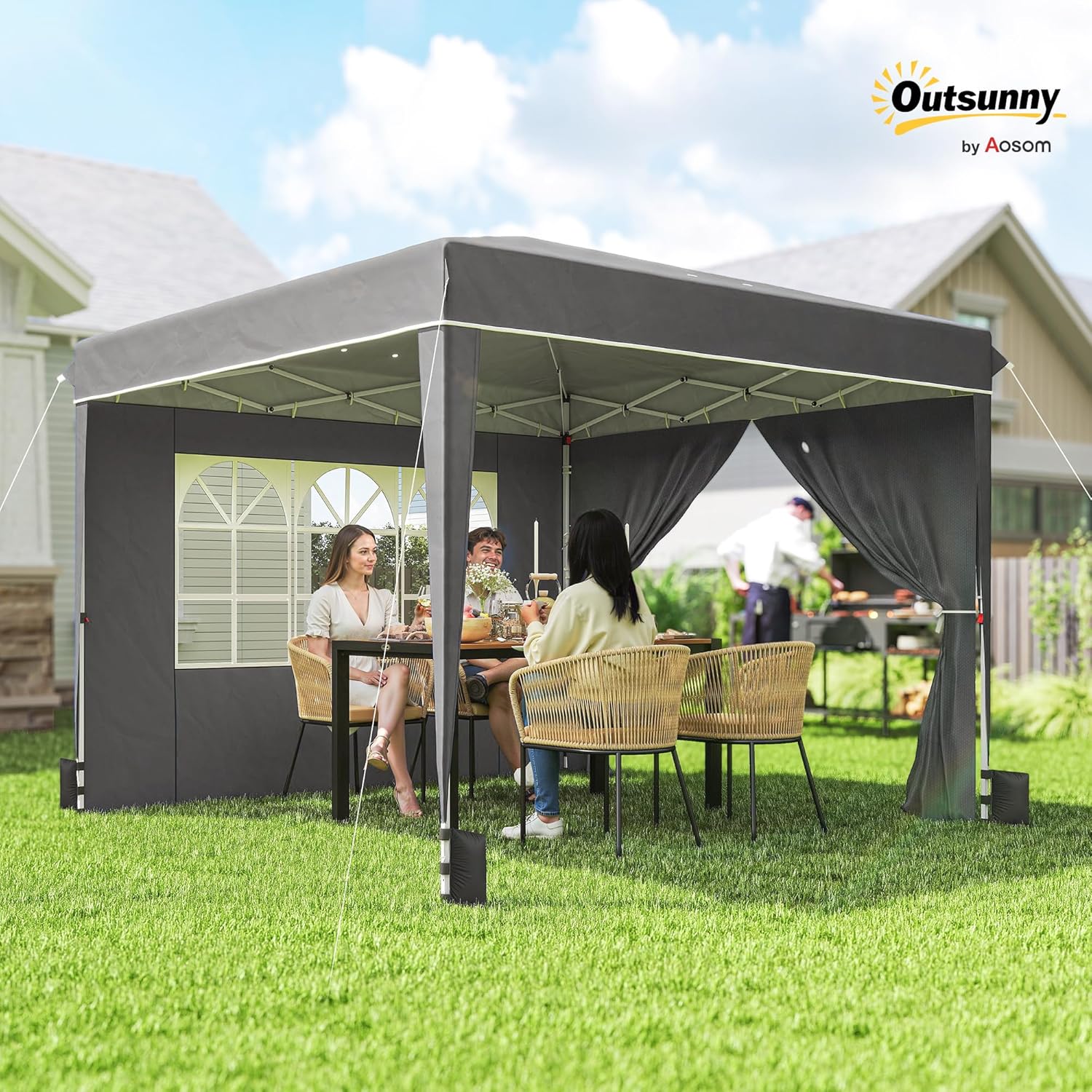 Outsunny - tonnelle pliante série jardin - 3x3m - parois latérales, UV 50+, hauteur réglable, fenêtre et porte