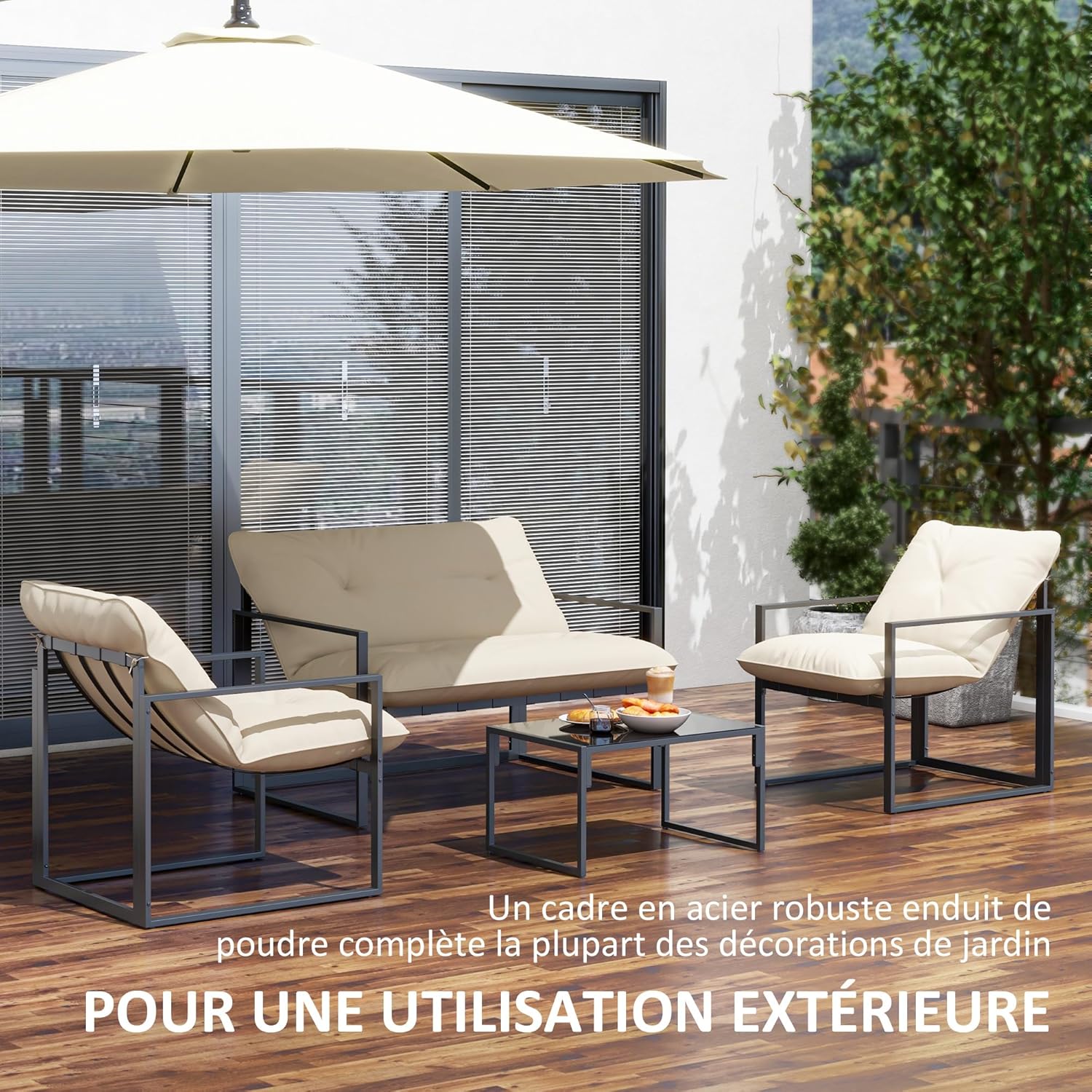 Outsunny - Salon de jardin 4p avec coussins 15cm - acier noir, canapé 2 places, table basse, fauteuils