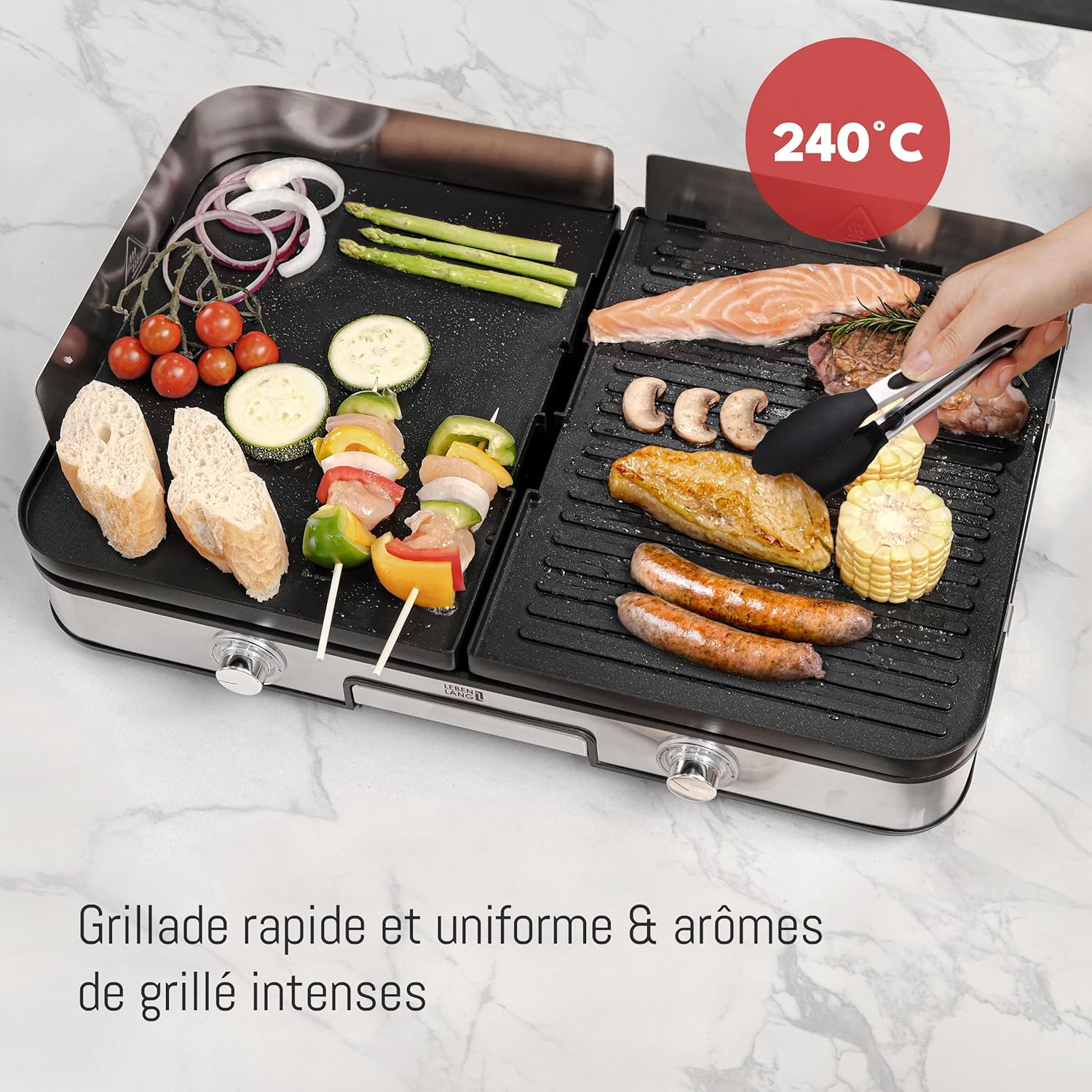 LEBENLANG - plancha électrique inox - XXL - 2400W, pince barbecue, intérieur/extérieur, protection éclaboussures - LEBEN